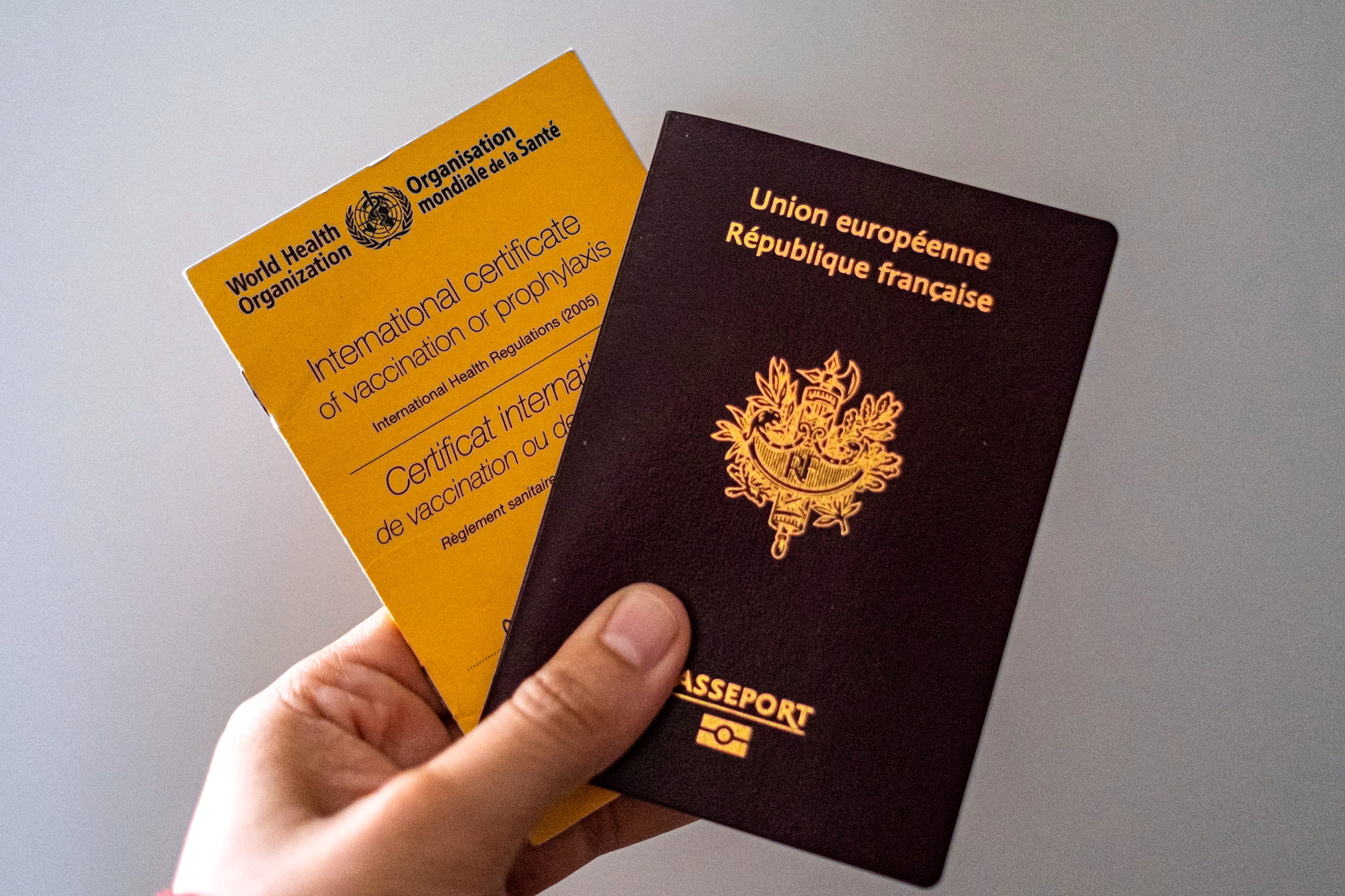 A person holds a World Health Organization vaccination card and a French passport. 