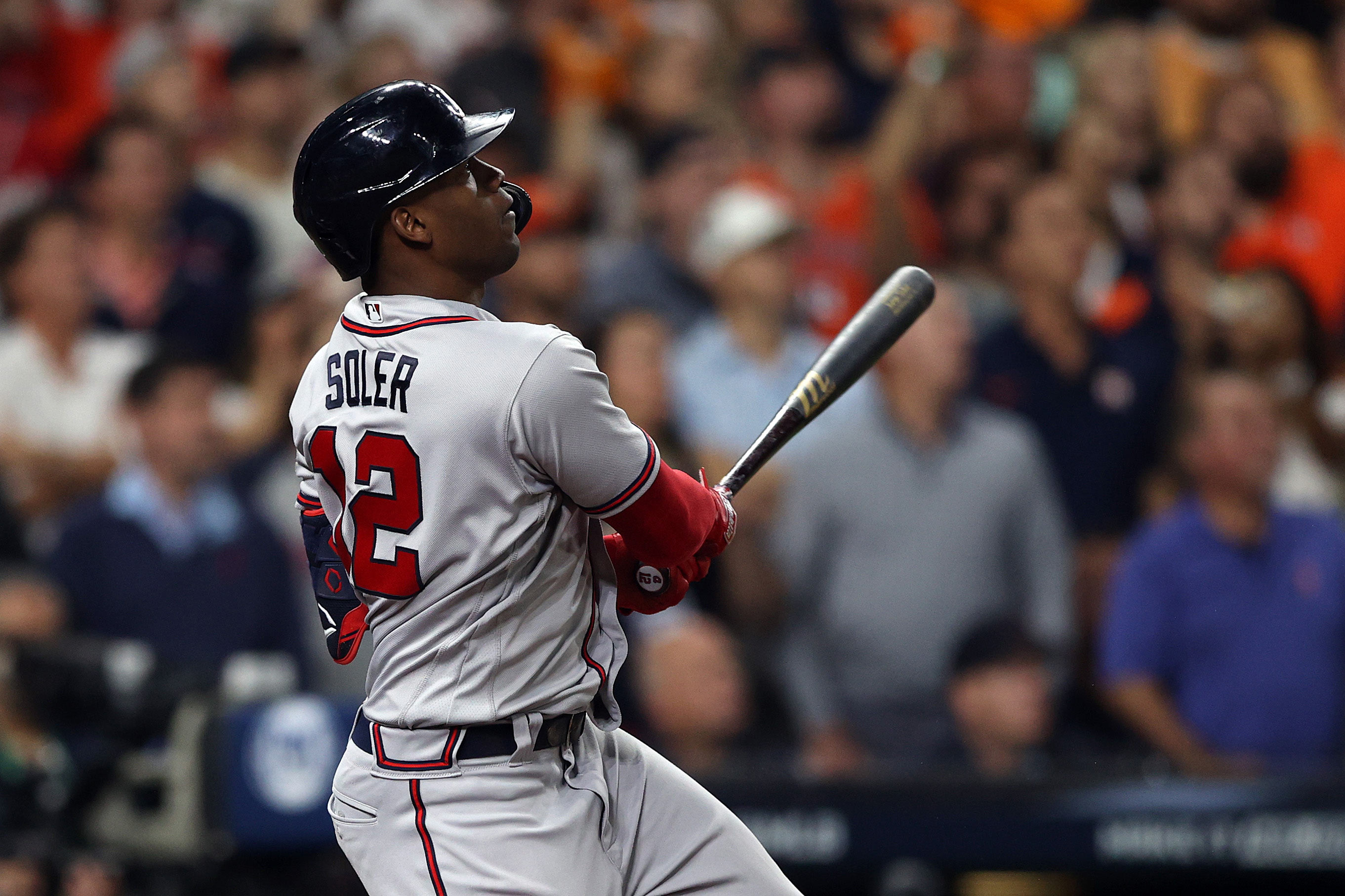Jorge Soler of the Braves hits a three run home run during the third inning in Game 6.