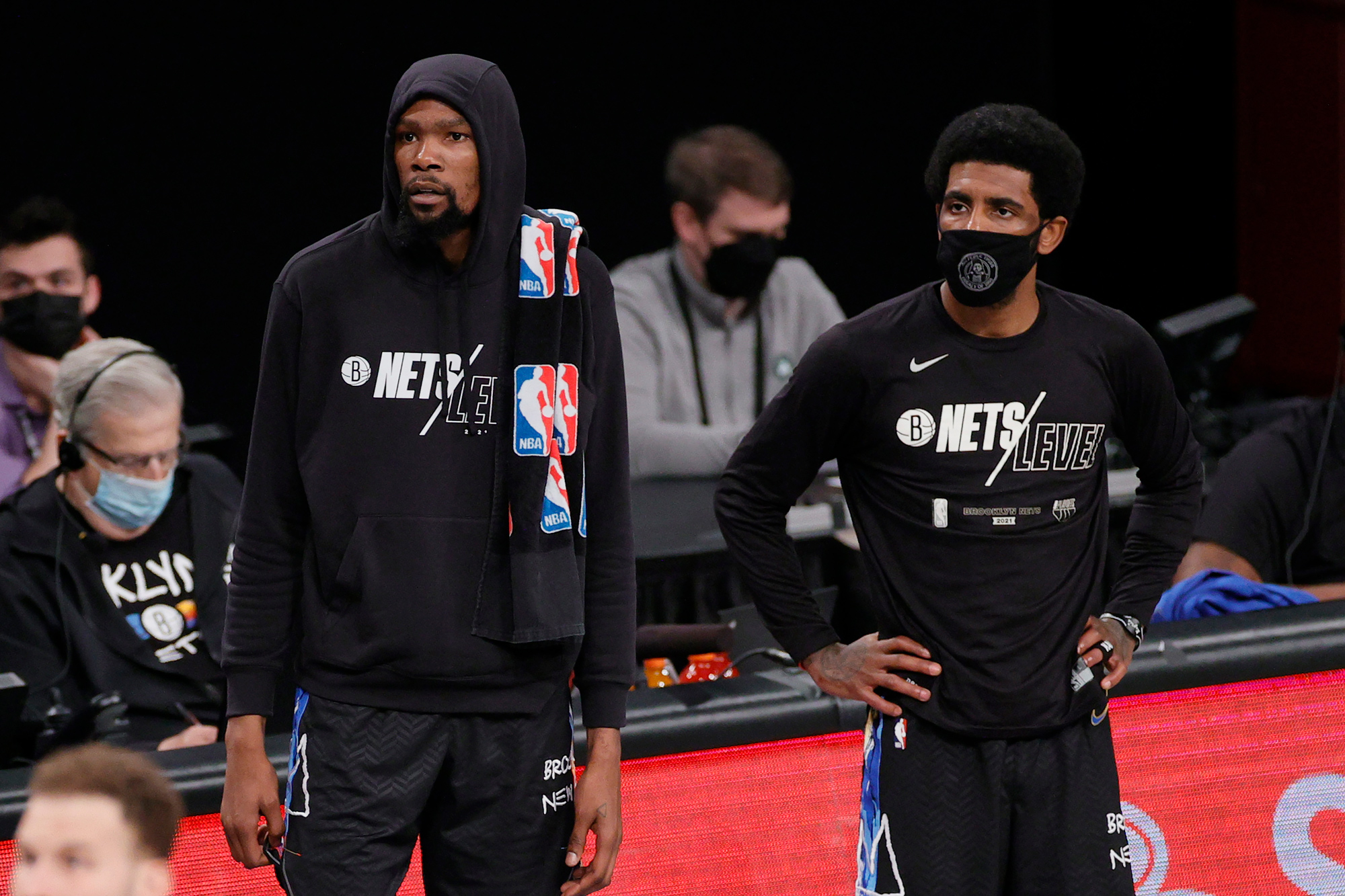 Kevin Durant, left, and Kyrie Irving of the Brooklyn Nets watch during the game at Barclays Center on June 1, in the Brooklyn borough of New York City.