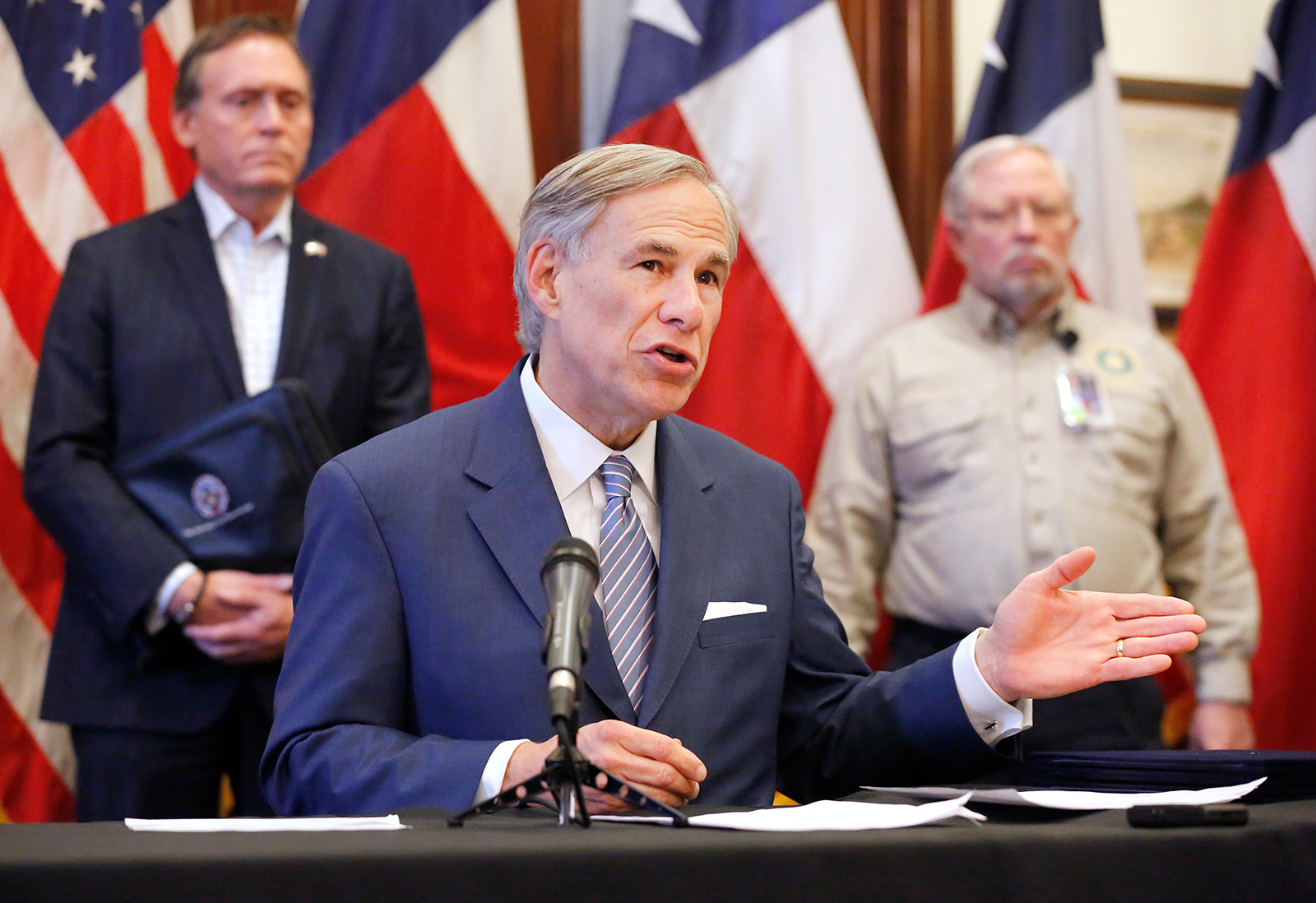 Texas Gov. Greg Abbott appears at a press conference at the Texas State Capitol in Austin, on March 29.