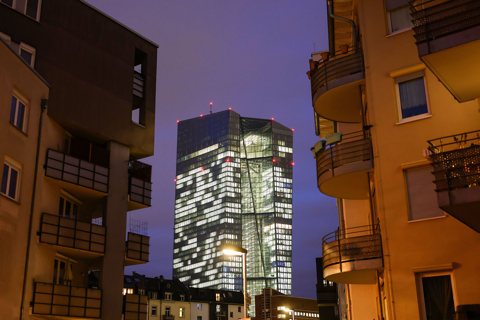 The headquarters of the European Central Bank (ECB) stands at twilight on February 2 in Frankfurt, Germany. 