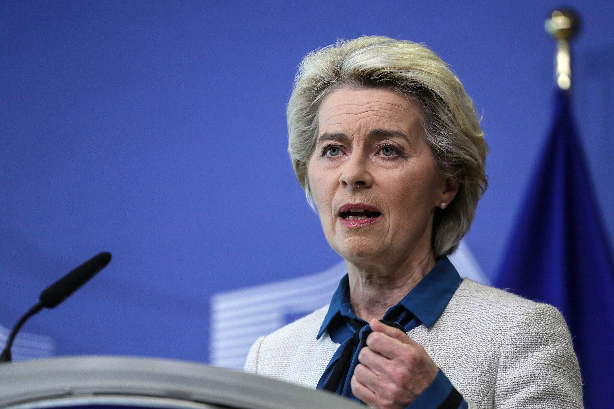 European Commission President Ursula von der Leyen holds a press conference in Brussels, Belgium, on May 18.