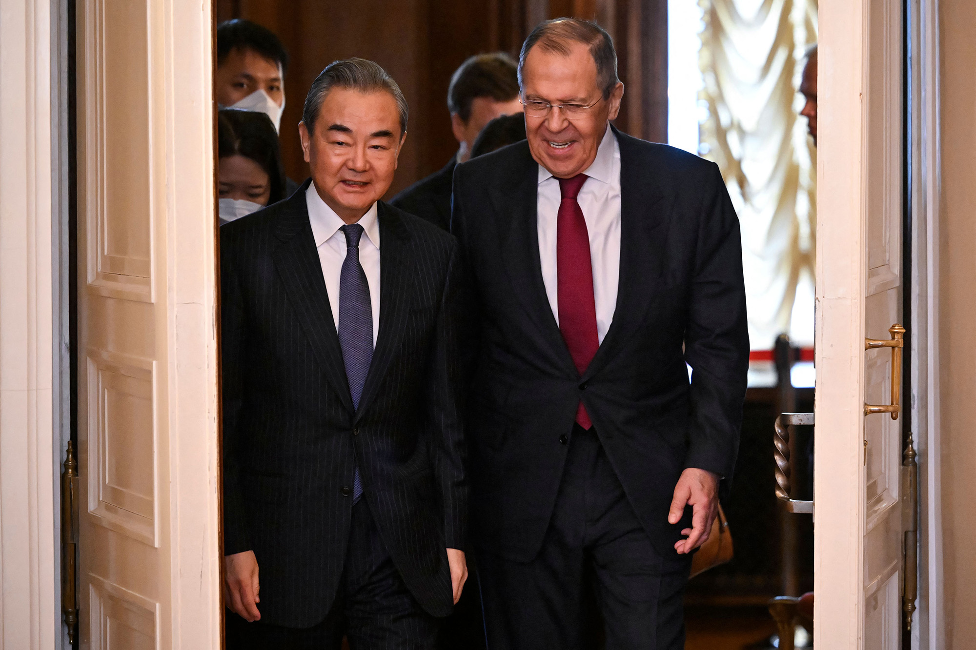 Russian Foreign Minister Sergei Lavrov, right, and China's Director of the Office of the Central Foreign Affairs Commission Wang Yi during a meeting in Moscow, Russia, on February 22.