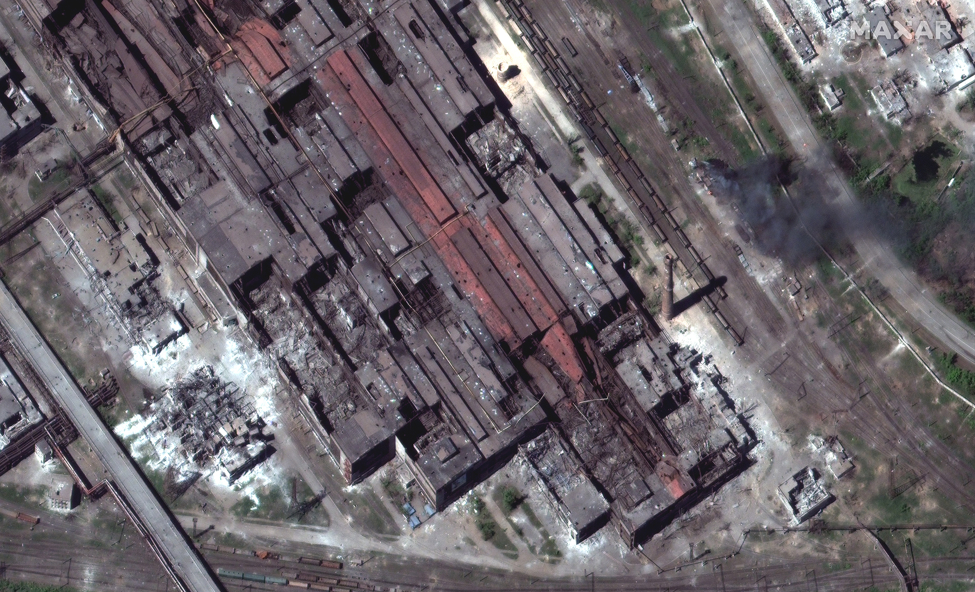 A satellite view of the damage to the eastern end of the Azovstal steel plant in Mariupol, Ukraine, on May 12.
