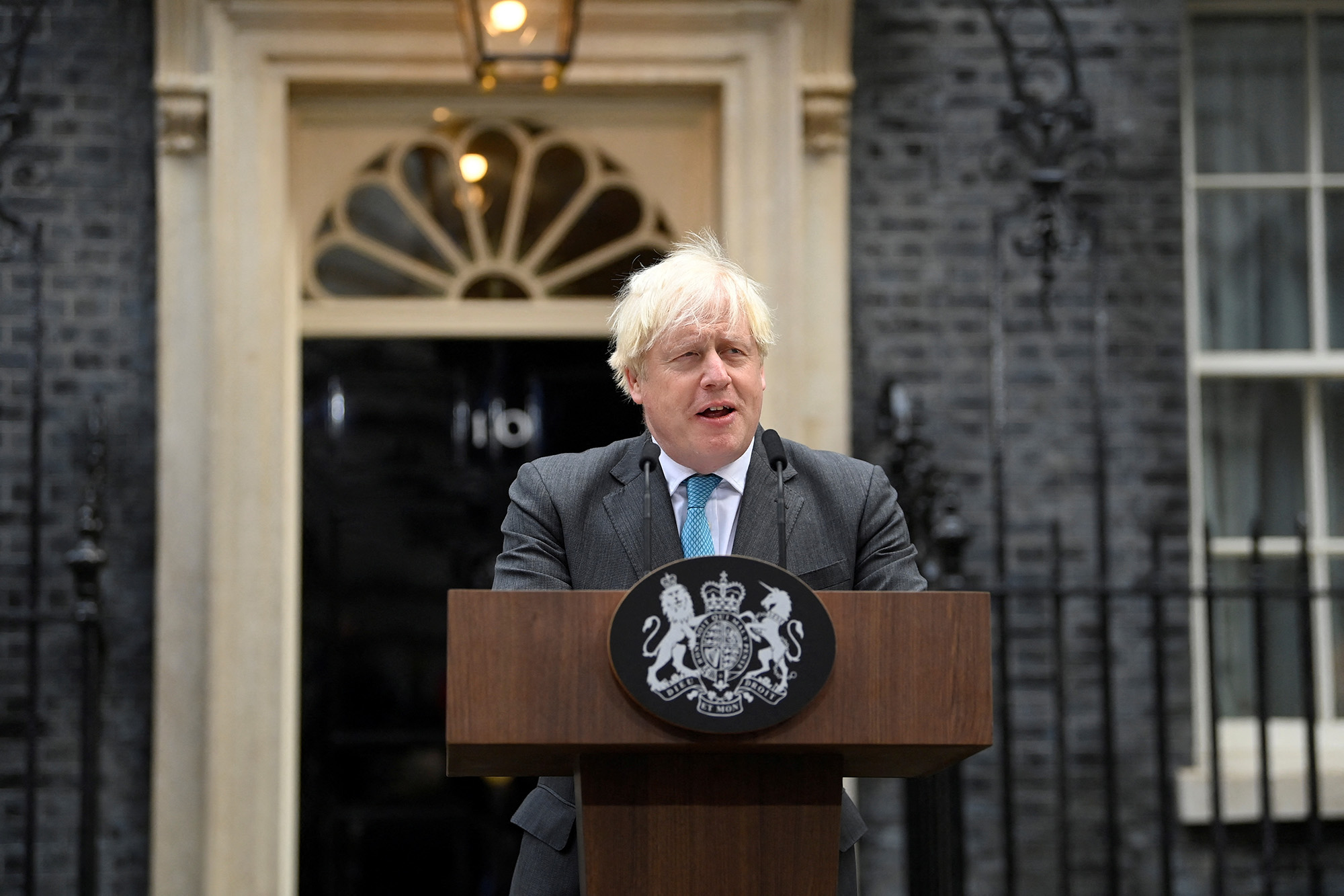Outgoing British Prime Minister Boris Johnson delivers a speech on his last day in office, outside Downing Street, in London, England, on September 6.