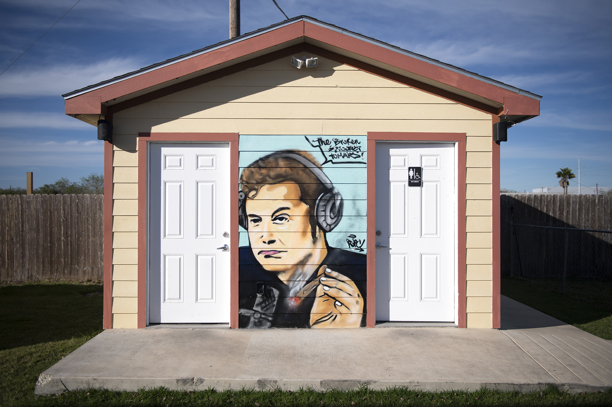 A mural of SpaceX founder Elon Musk at The Broken Sprocket food truck park and bar in Brownsville, Texas, in February 2022. 