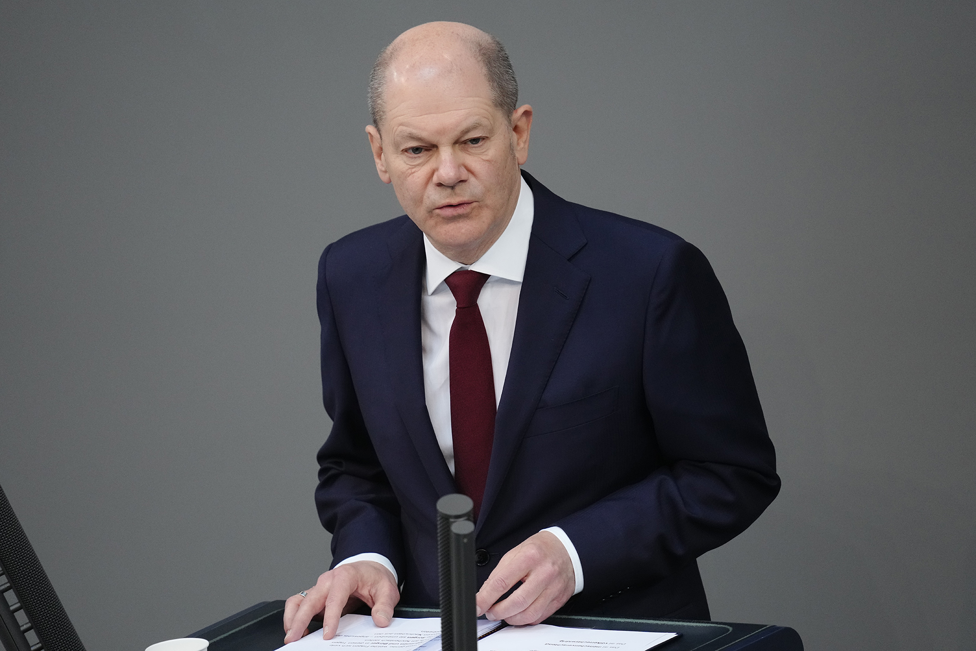 German Chancellor Olaf Scholz speaks during a special session of the Bundestag on the war in Ukraine, on February 27. 