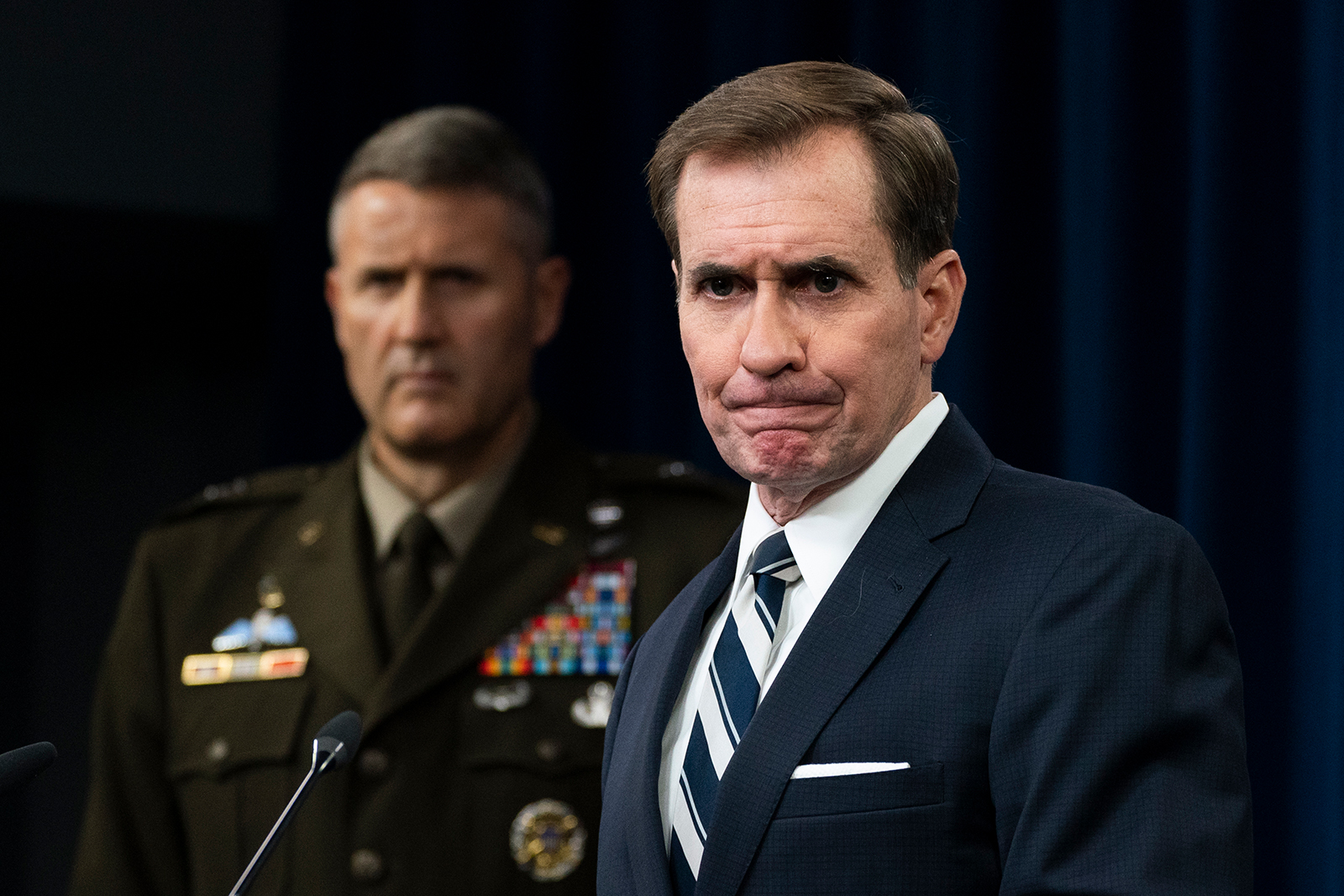 Pentagon spokesman John Kirby with U.S. Army Maj. Gen. William Taylor, Joint Staff Operations, speaks about the situation in Afghanistan during a briefing at the Pentagon in Washington on Monday, August 23.