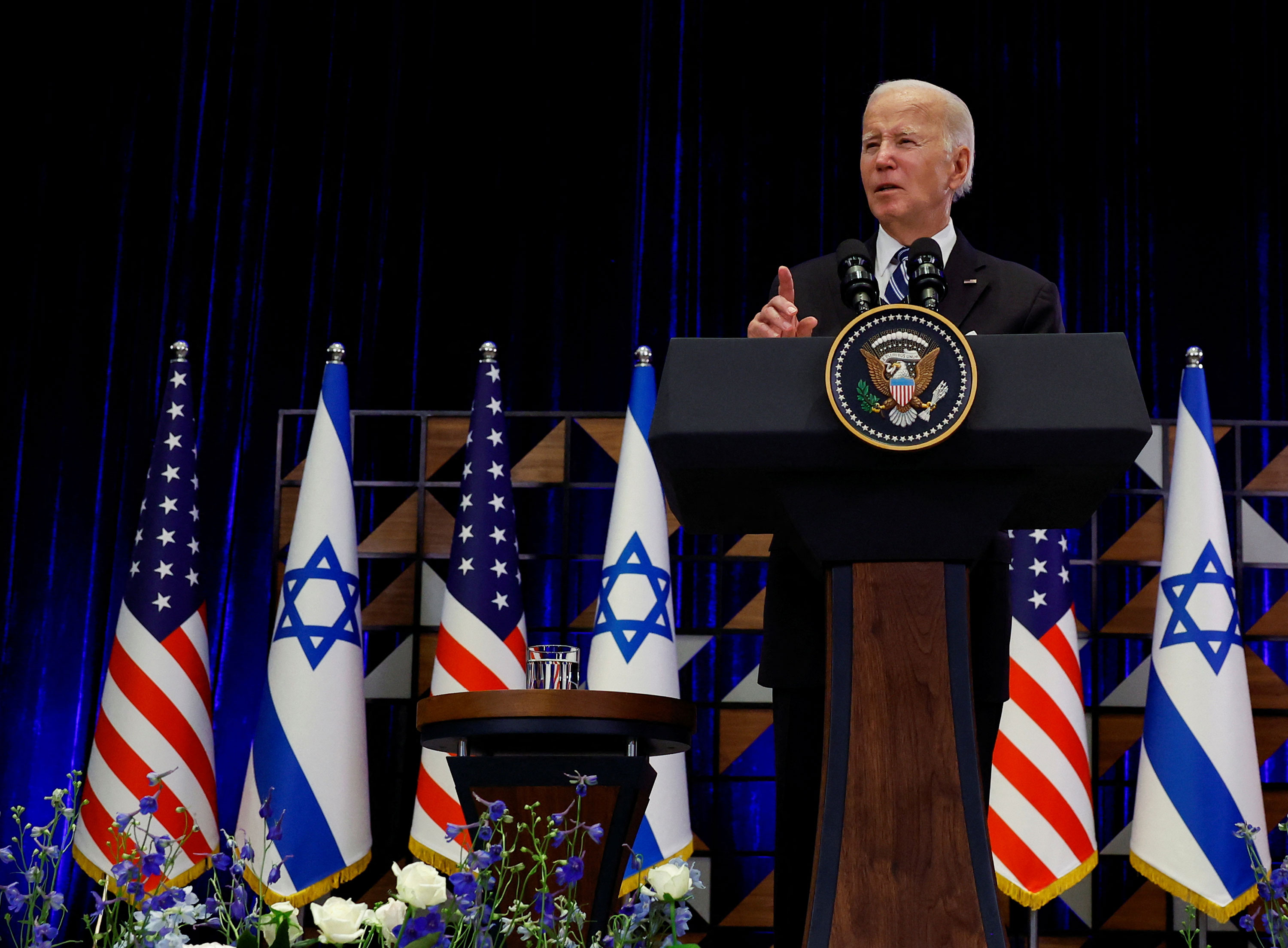 President Joe Biden delivers remarks in Tel Aviv, Israel, on Wednesday.