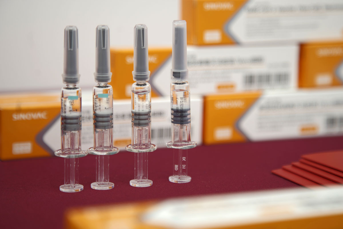 Vials of Sinovac Biotech Ltd.'s CoronaVac SARS-CoV-2 vaccine are displayed at a media event in Beijing, China, on September 2020.
