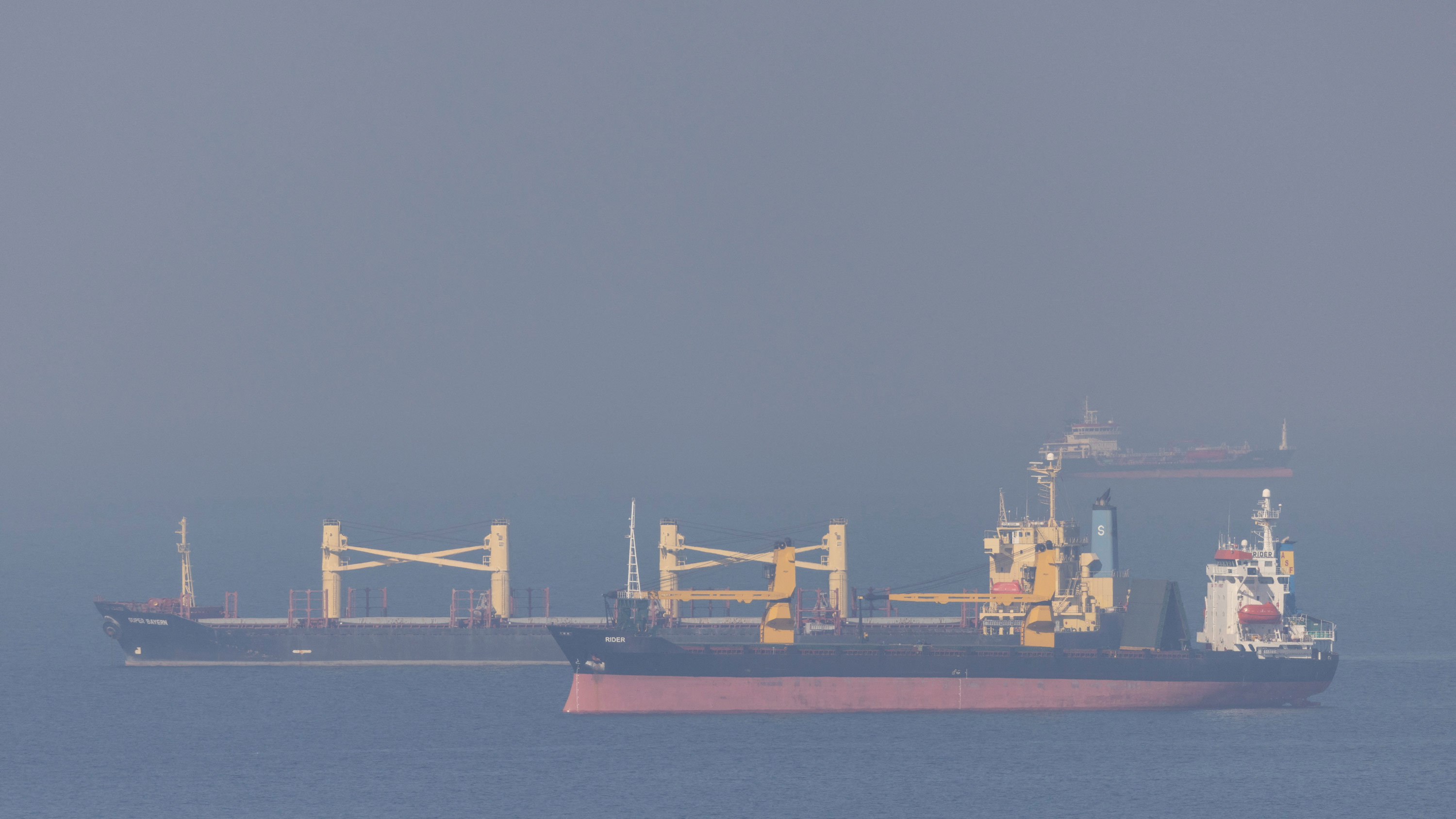 Cargo ship Super Bayern, carrying Ukrainian grain, is seen behind cargo ship Rider in the Black Sea off Kilyos near Istanbul, Turkey on November 2, 2022.