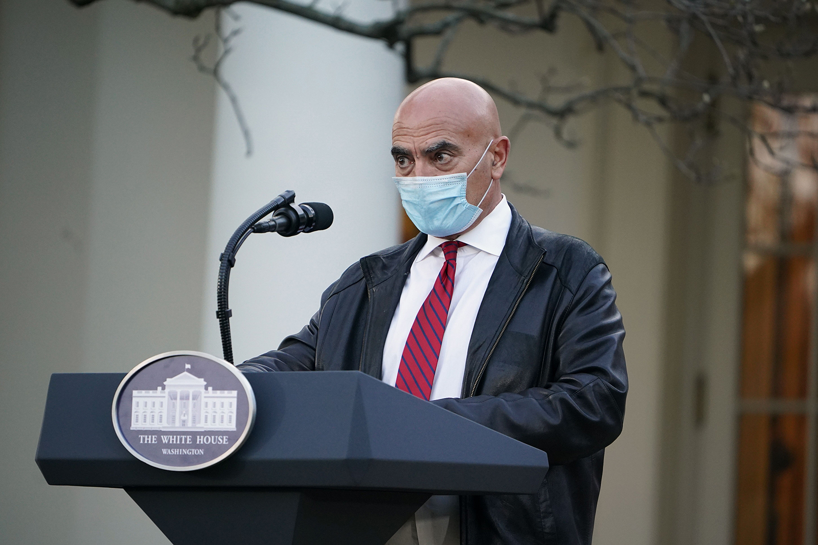 Dr. Moncef Slaoui, vaccine expert, delivers an update on "Operation Warp Speed" in the Rose Garden of the White House in Washington, DC on November 13.
