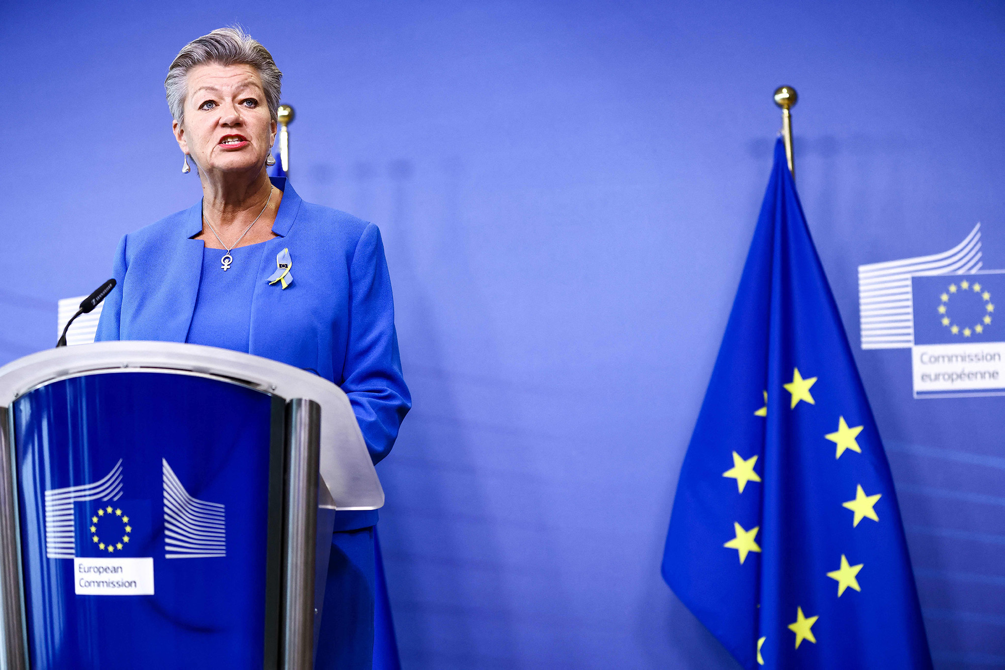 EU commissioner for Home Affairs Ylva Johansson addresses a press conference at EU headquarters in Brussels, Belgium, on September 6.