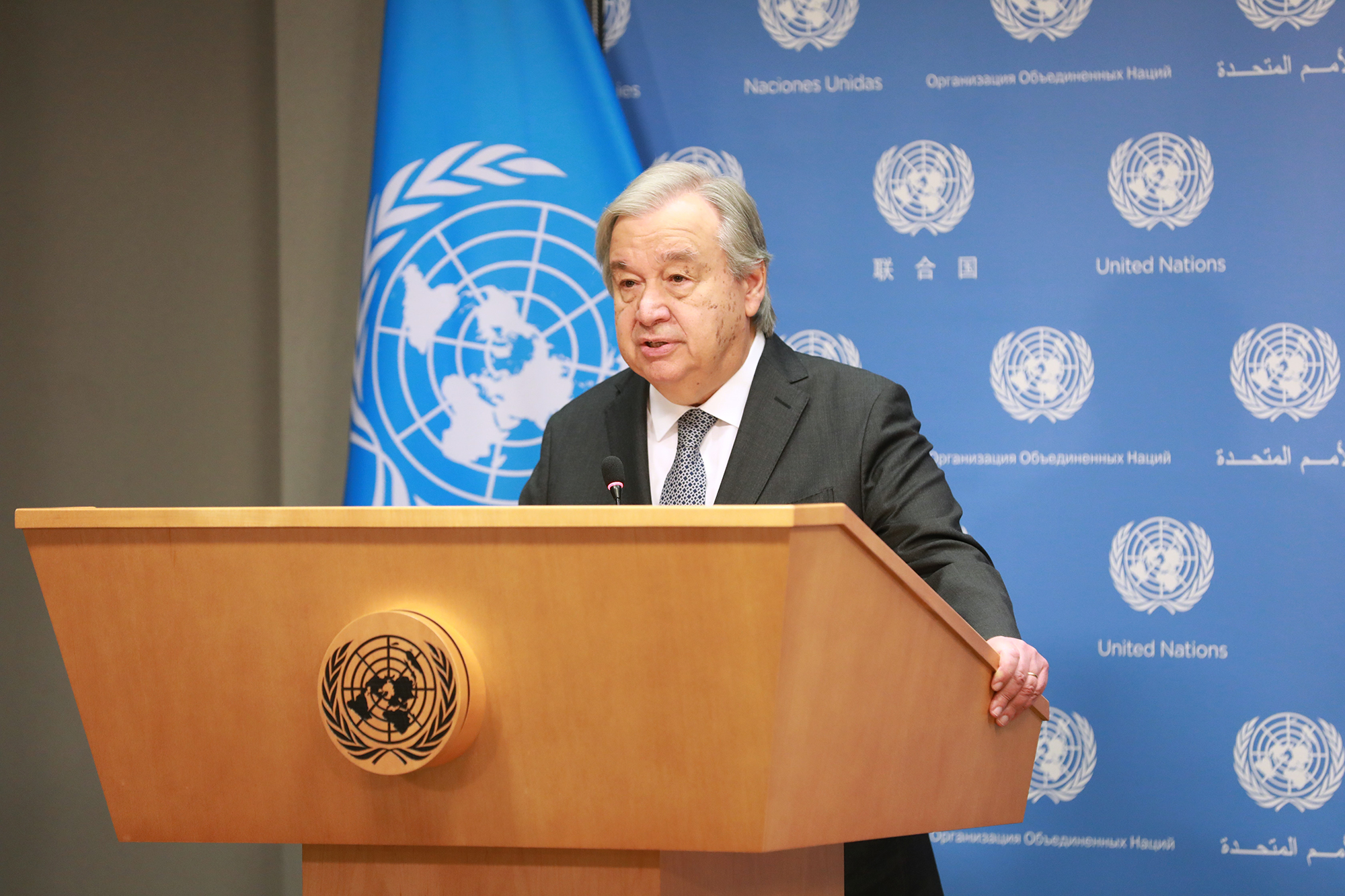 UN Secretary-General Antonio Guterres speaks at a press conference on the extension of the Black Sea Grain Initiative at the UN headquarters in New York, on May 17.