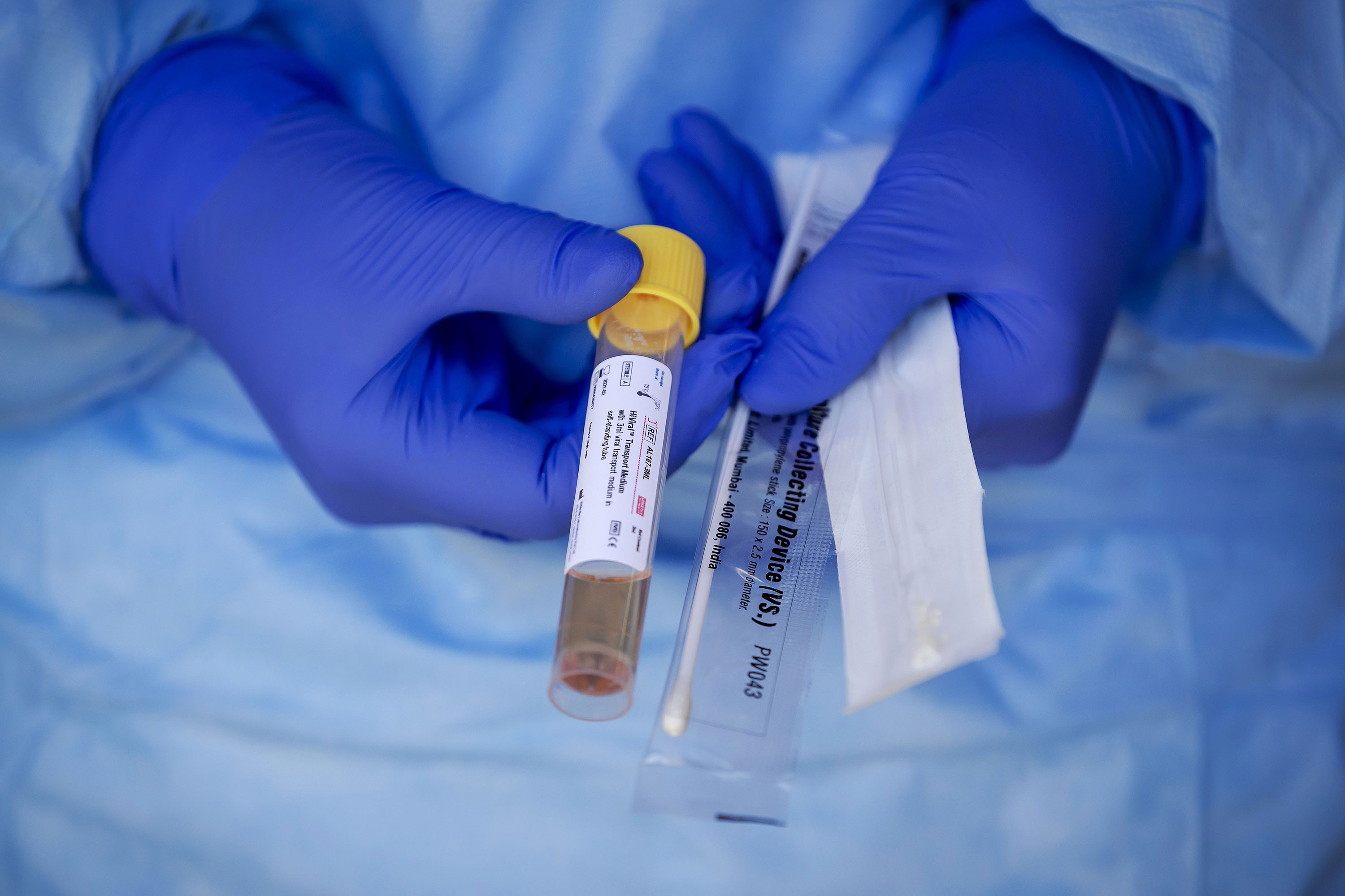A coronavirus test kit is shown at the Amsterdam UMC in Amsterdam, Netherlands, on March 24.