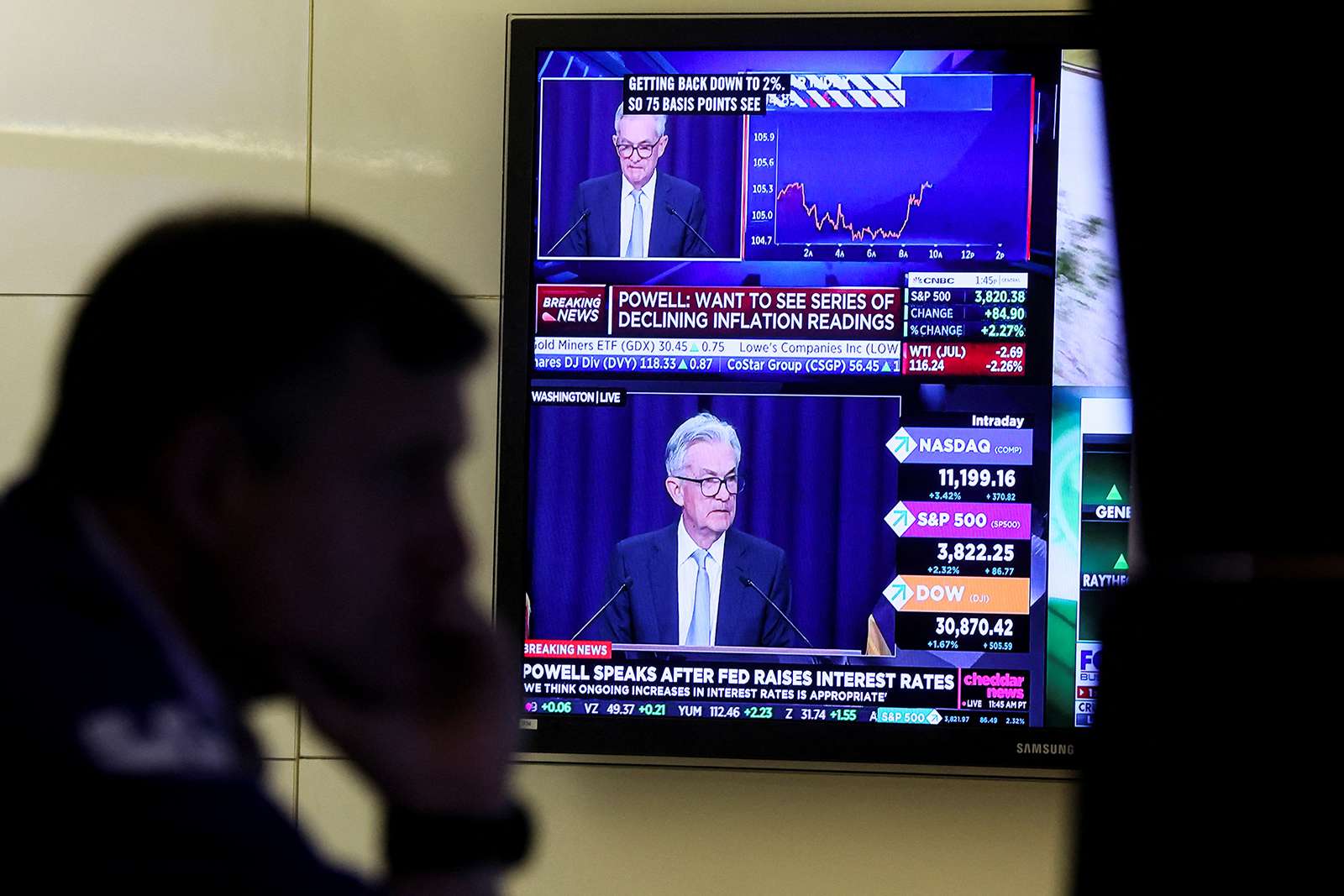 Traders work, as Federal Reserve Chair Jerome Powell is seen delivering remarks on a screen on the floor of the New York Stock Exchange in New York City, on June 15.