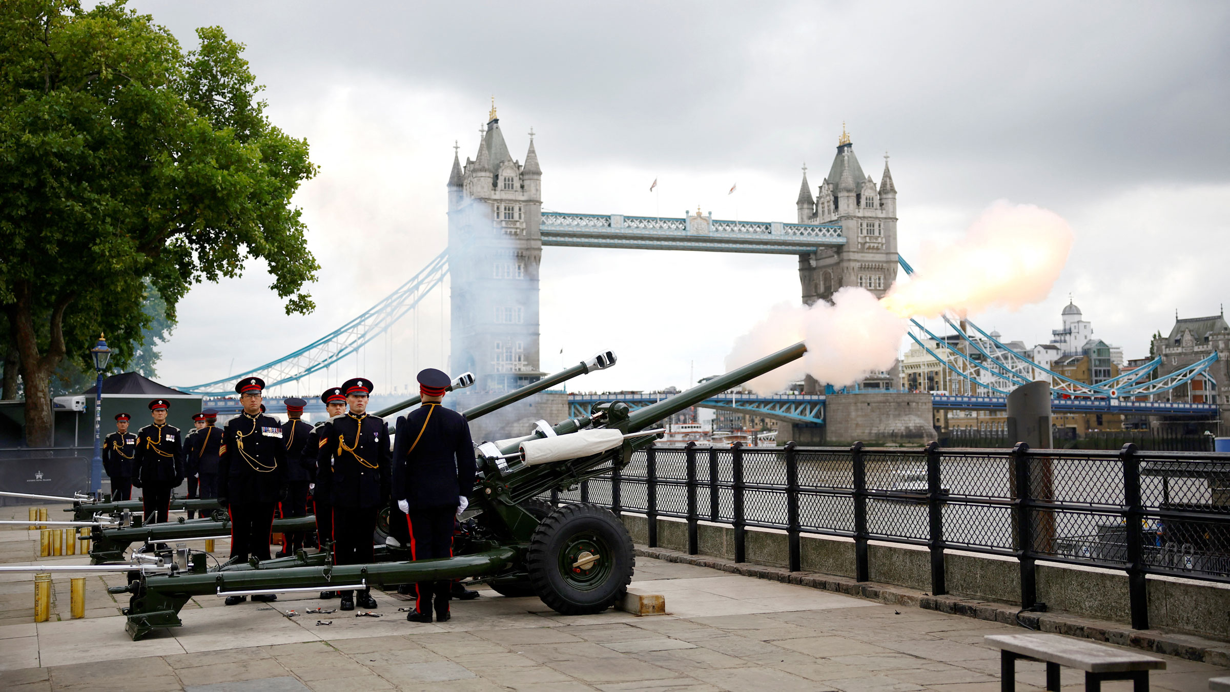A gun salute is fired for at the Tower of London on Saturday.