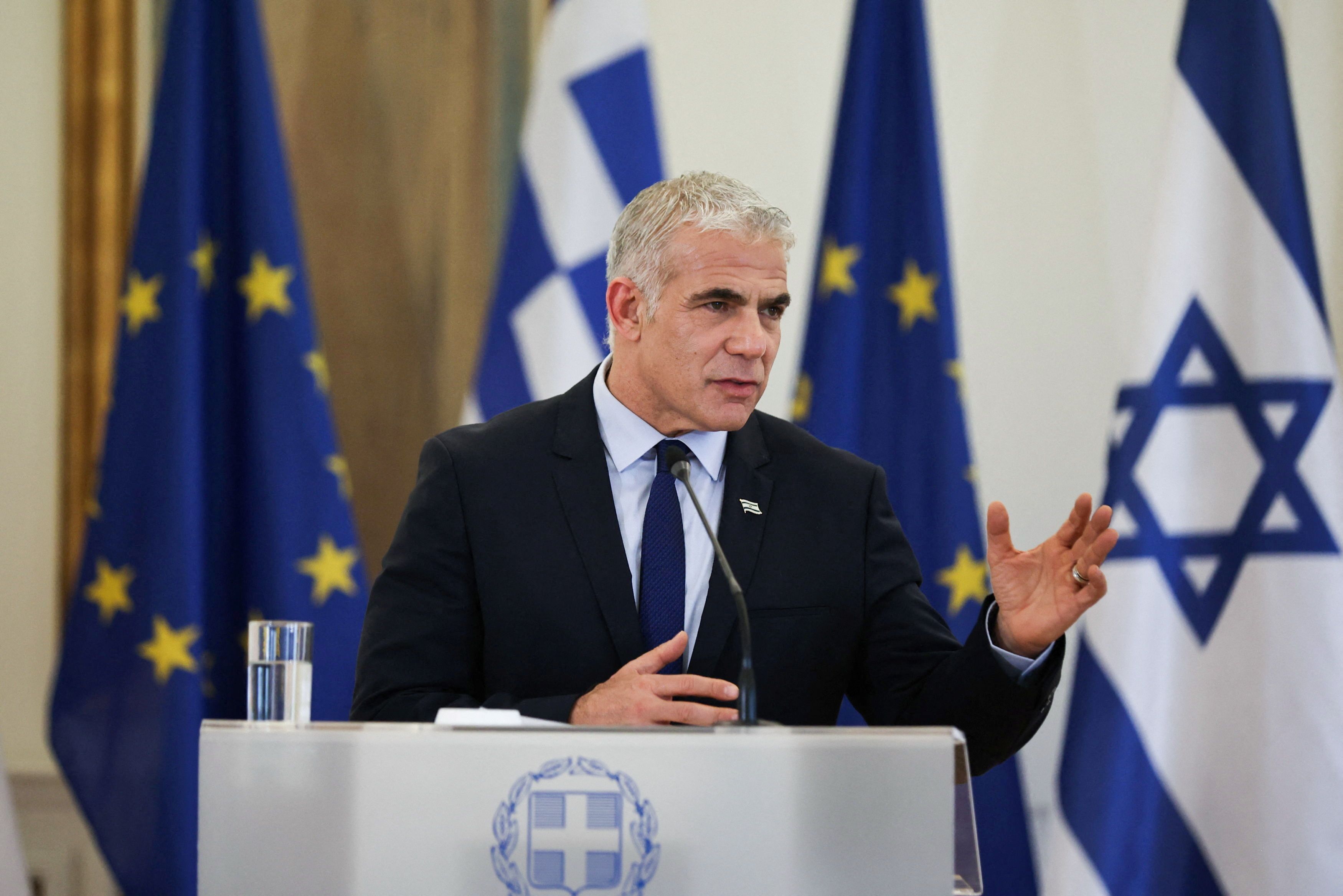 Israel's Foreign Minister Yair Lapid attends a news conference following a meeting at the Ministry of Foreign Affairs in Athens, Greece, on April 5.