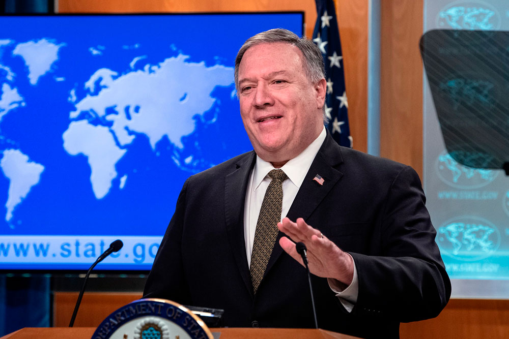 Secretary of State Mike Pompeo speaks during a news briefing at the State Department on Wednesday, April 22, in Washington. 