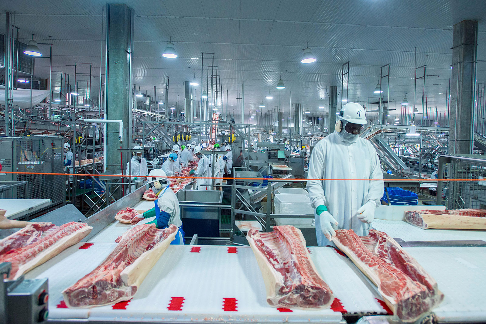 In this 2017 photo, employees work at Triumph Foods pork processing facility in St. Joseph, Missouri.