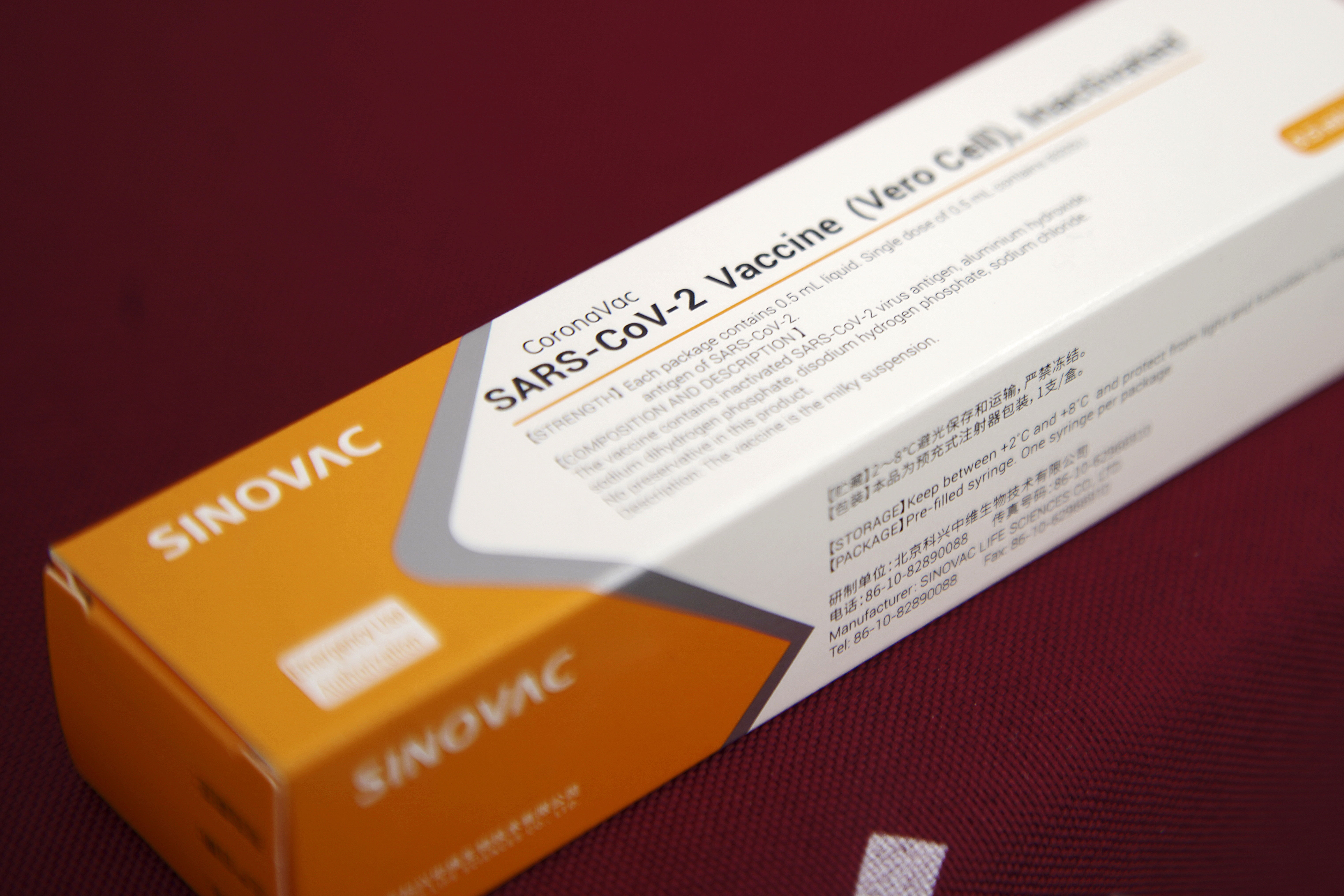 A box of Sinovac's Covid-19 vaccine is displayed at a media event in Beijing in September 2020.