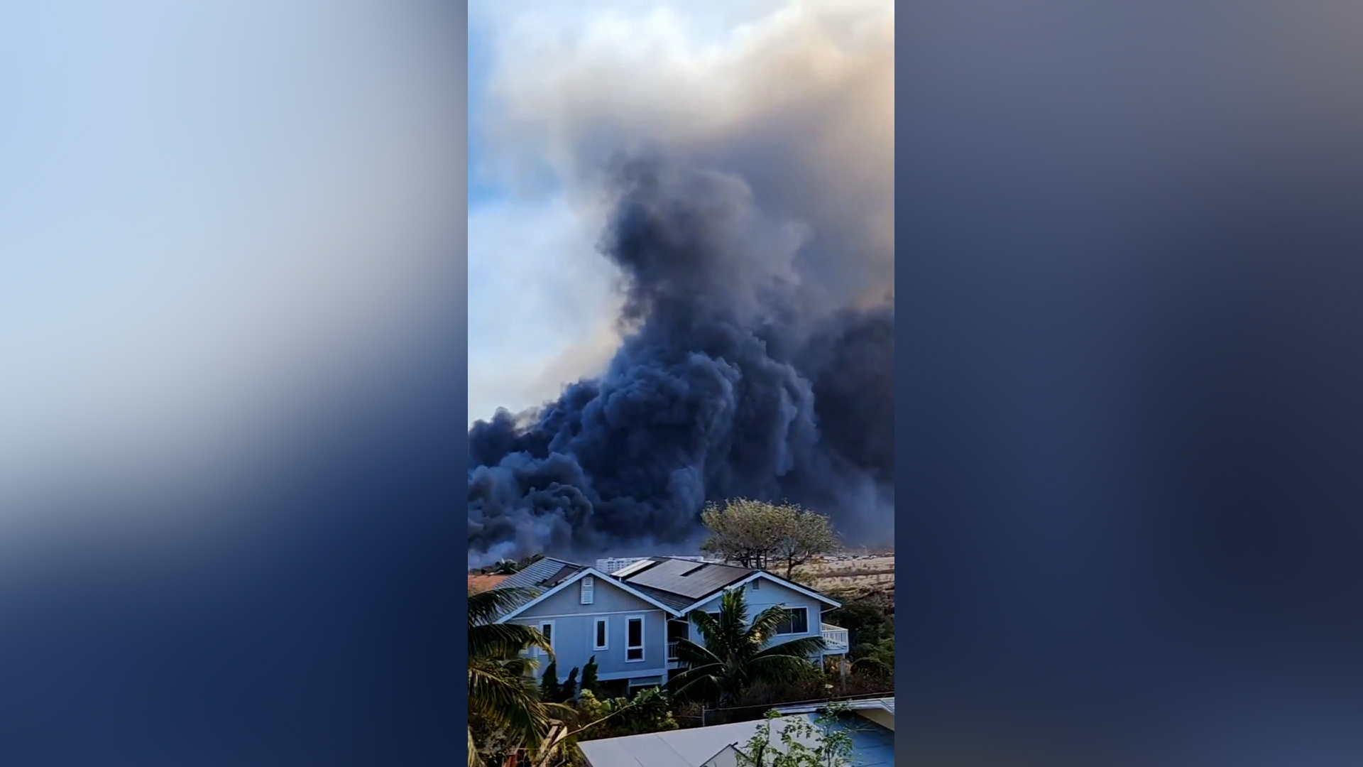 A screenshot from a video shows the fire burning in Lahaina, Maui County, on Tuesday.