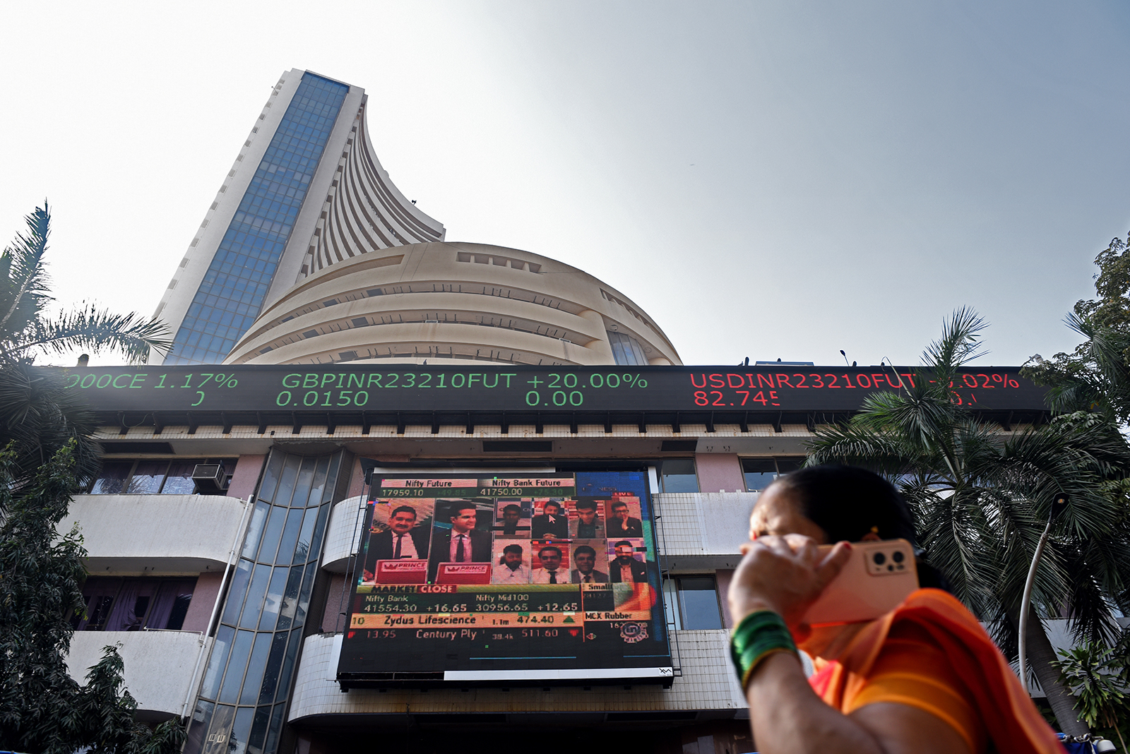 A pedestrian passes the Bombay Stock Exchange (BSE) building in Mumbai in February.