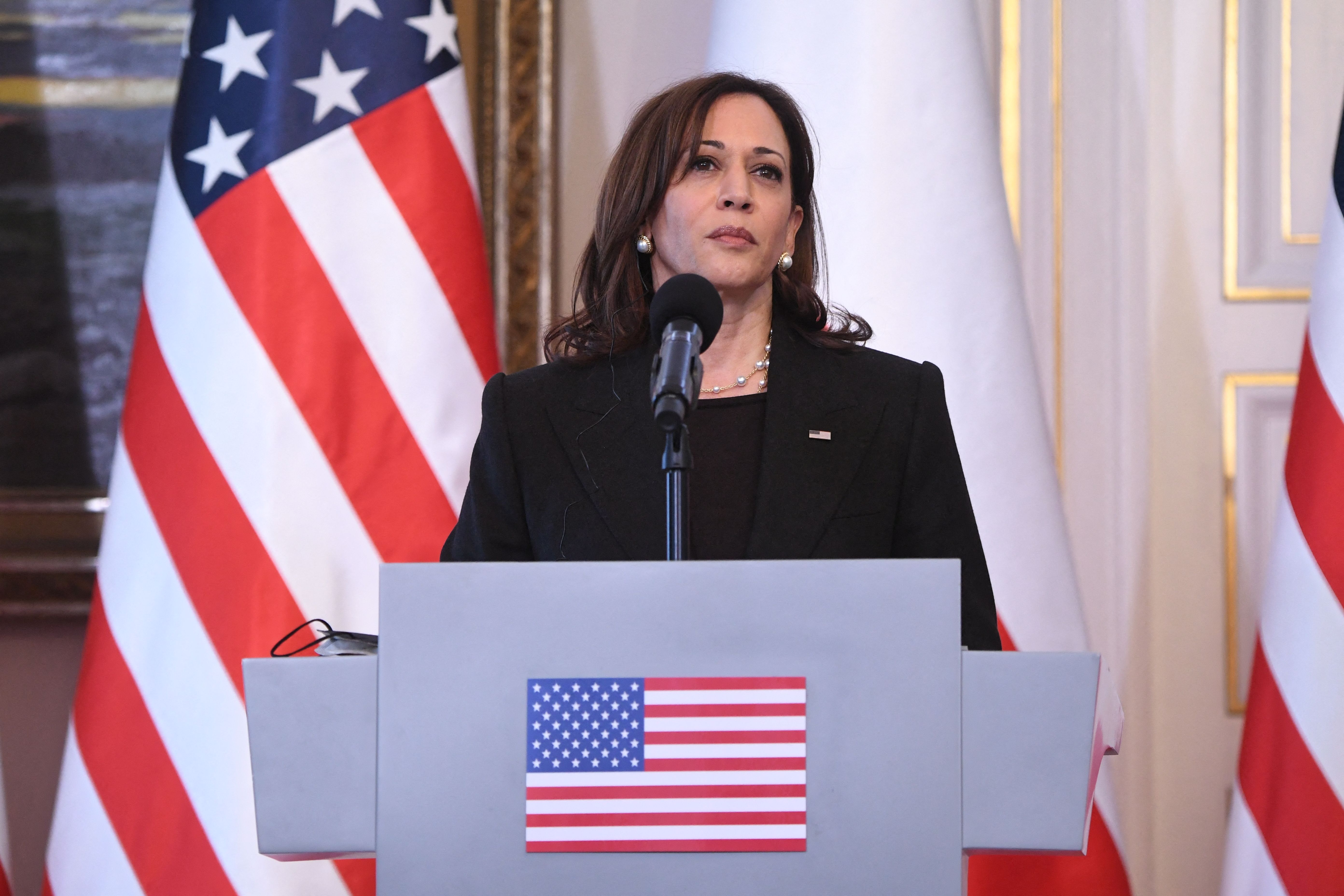 US Vice President Kamala Harris attends a press conference with the Polish President at Belwelder Palace in Warsaw, Poland, on March 10.