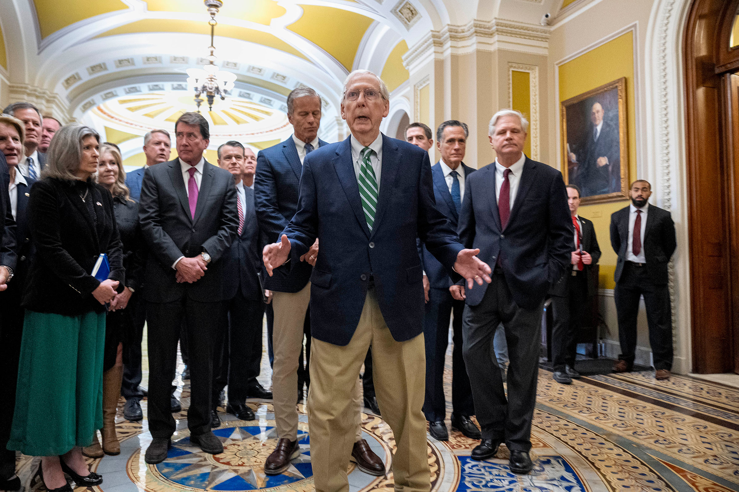 Senate Minority Leader Mitch McConnell speaks to reporters on Saturday, Sept. 30, in Washington, DC.