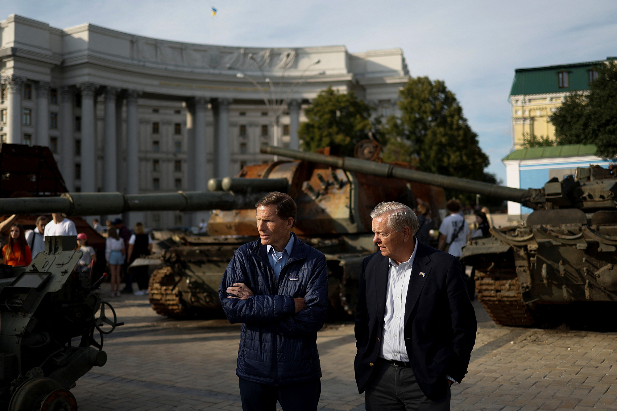 Blumenthal and Graham visit an exhibition of destroyed Russian vehicles and weapons in Kyiv on July 7. 