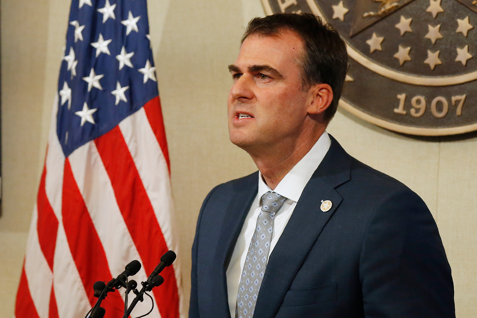 Oklahoma Gov. Kevin Stitt speaks during a news conference in Oklahoma City, on May 14.