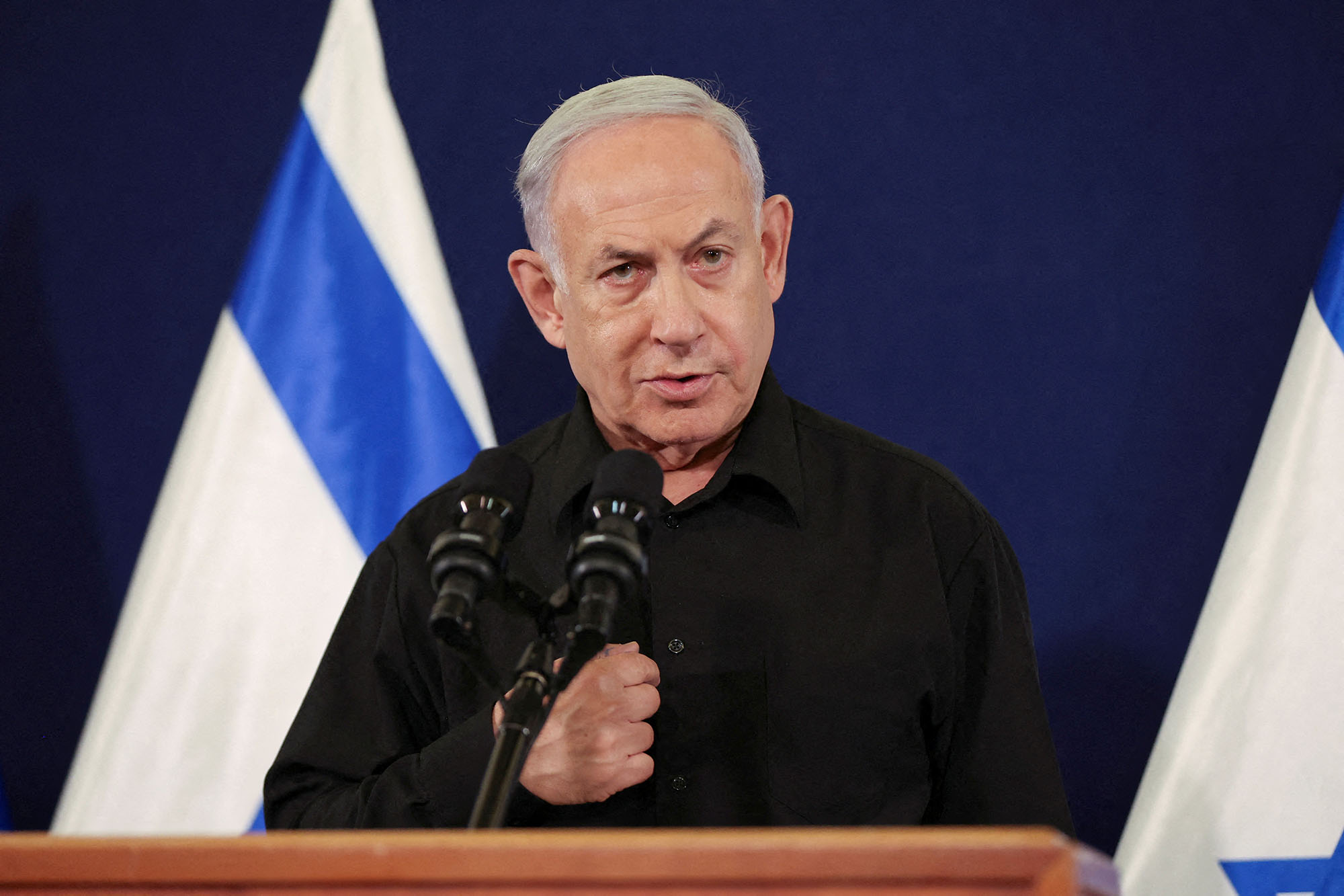 Israeli Prime Minister Benjamin Netanyahu holds a press conference in the Kirya military base in Tel Aviv, Israel, on October 28.