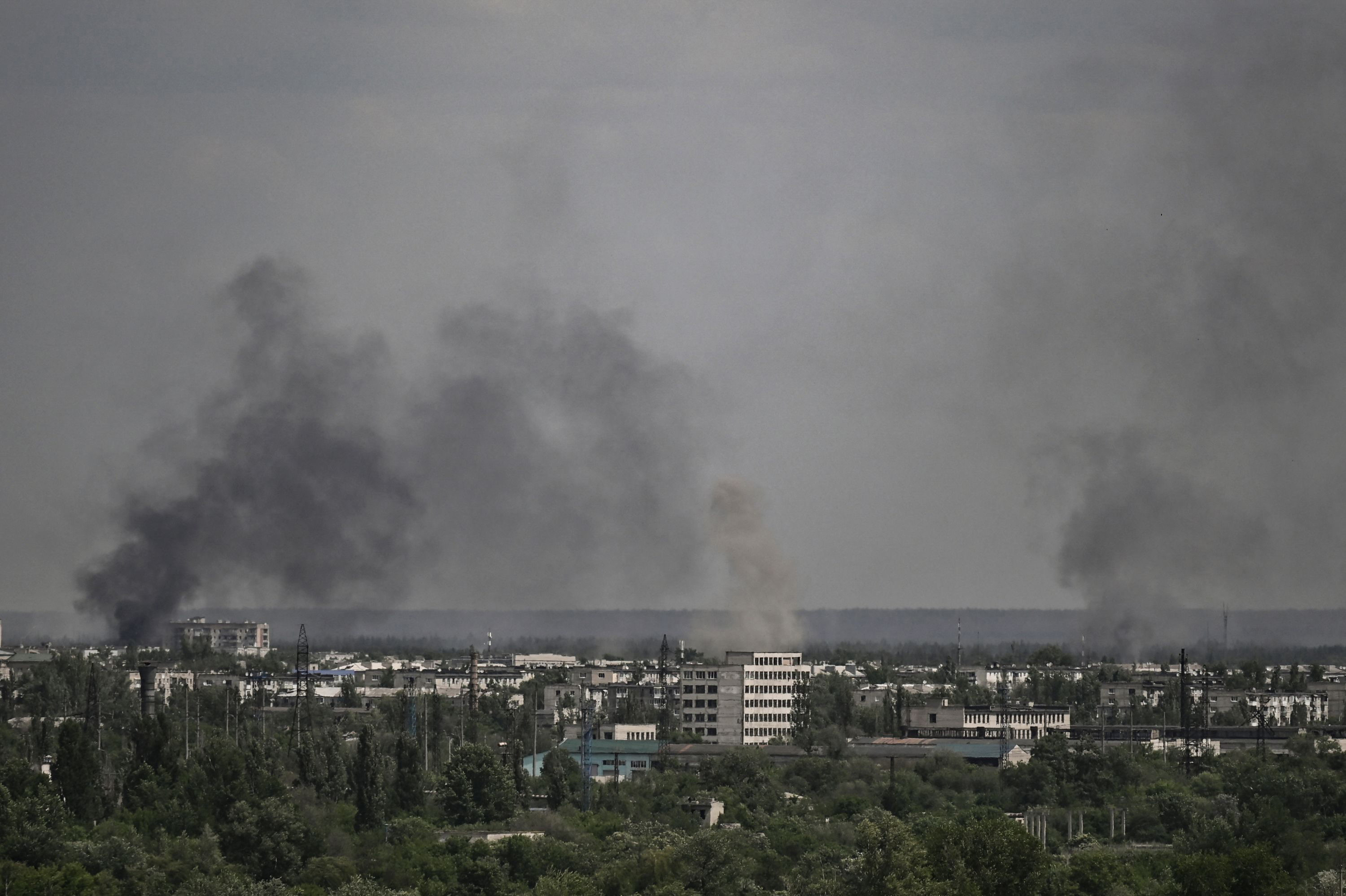 Smoke and dirt rise from Severodonetsk during shelling in the eastern Ukrainian region of Donbas on May 26.
