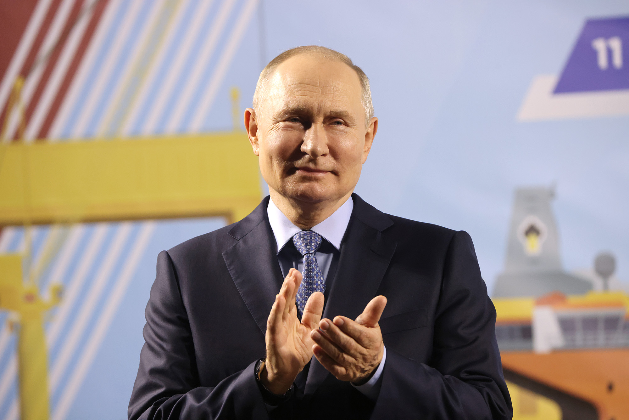 Russian President Vladimir Putin applauds while visiting the Zvezda Shipbuilding Complex, in Bolshoi Kamen, outside of Vladivostok, Russia, on September 11.
