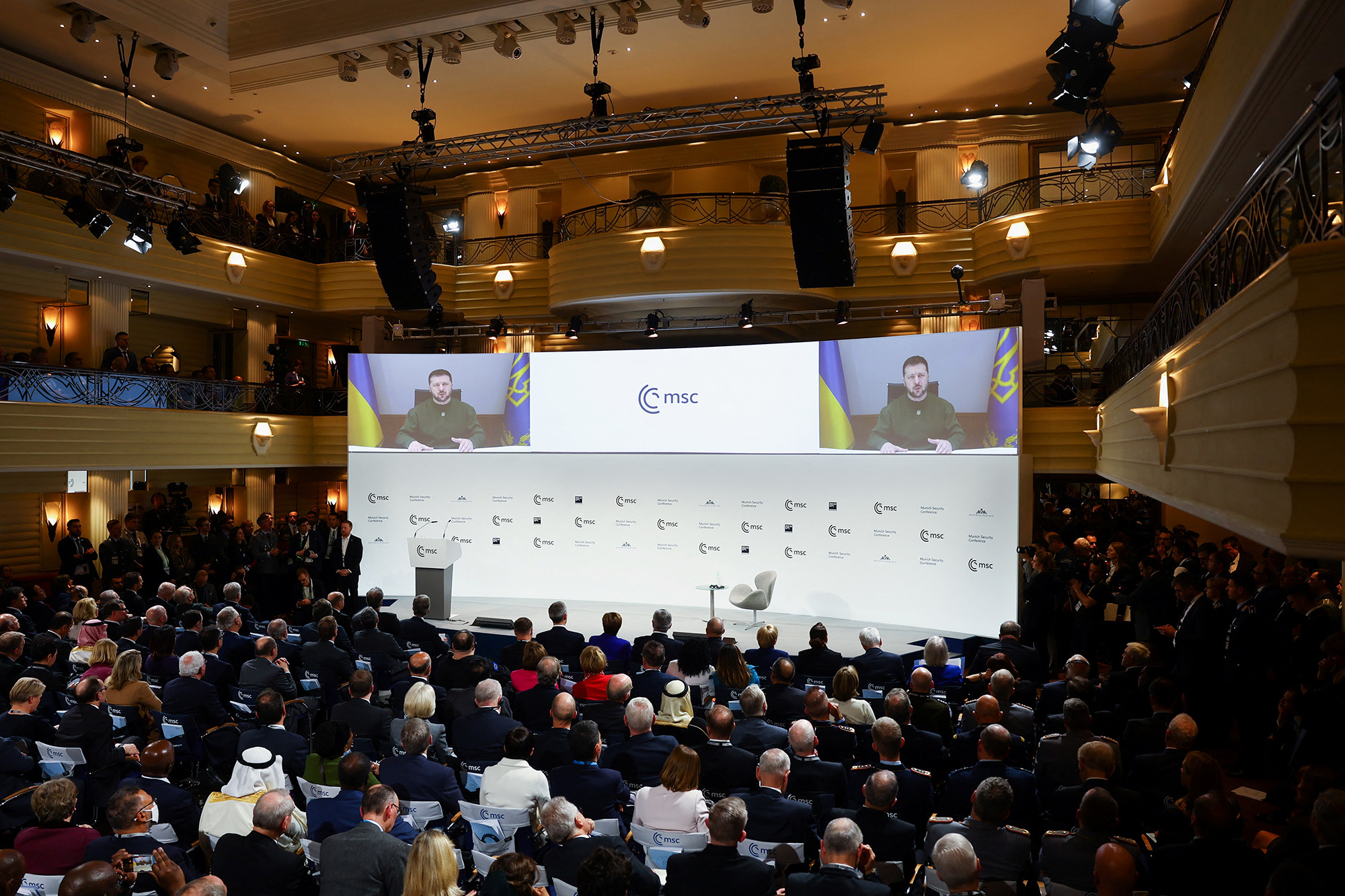 Ukrainian President Volodymyr Zelensky appears on the screen during the Munich Security Conference, in Munich, Germany, on February 17.