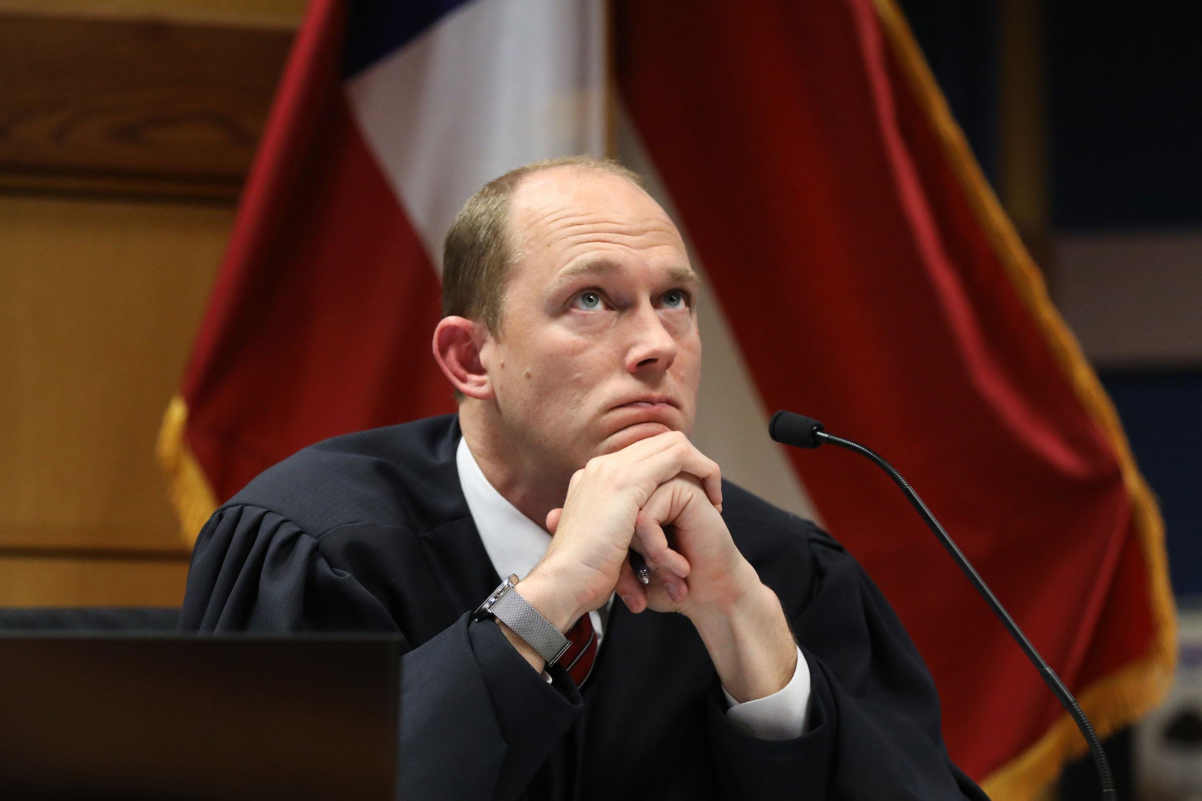 Fulton County Superior Judge Scott McAfee looks on during a hearing in the case of the State of Georgia v. Donald John Trump at the Fulton County Courthouse on February 15, in Atlanta, Georgia. 