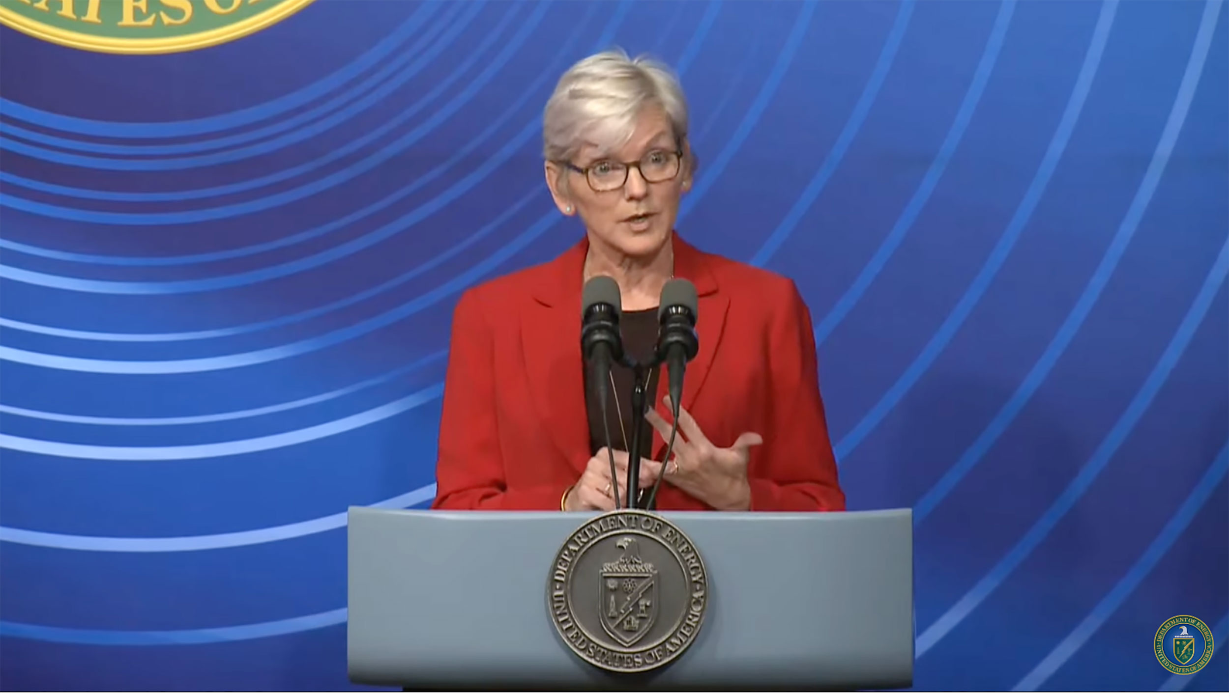 US Secretary of Energy Jennifer Granholm speaks during a press conference on Tuesday.