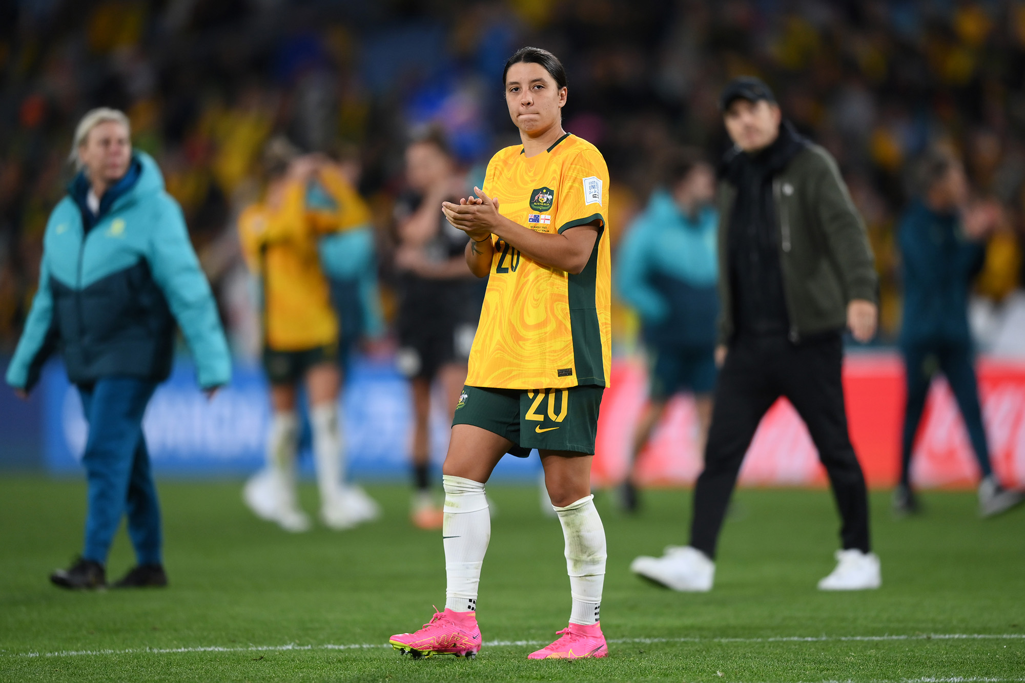 Sam Kerr of Australia looks dejected after the team's 1-3 defeat and elimination from the tournament following the FIFA Women's World Cup Australia & New Zealand 2023 Semi Final match between Australia and England at Stadium Australia on August 16.
