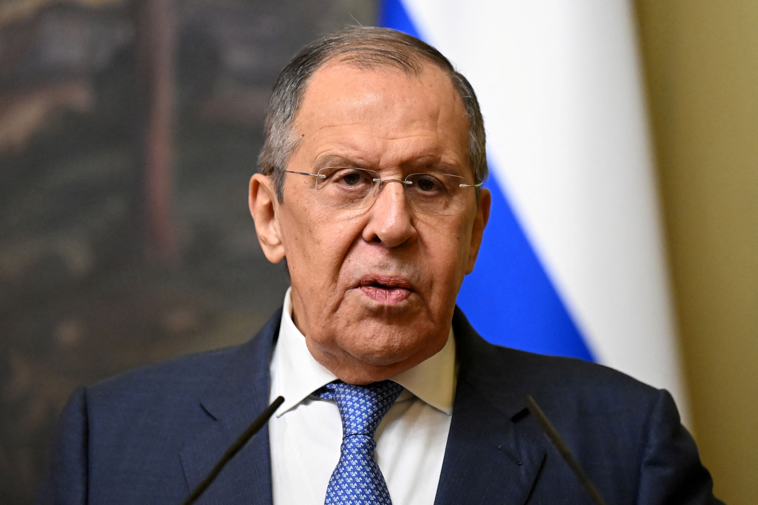Russian Foreign Minister Sergei Lavrov speaks at a press conference in Moscow on May 17. 