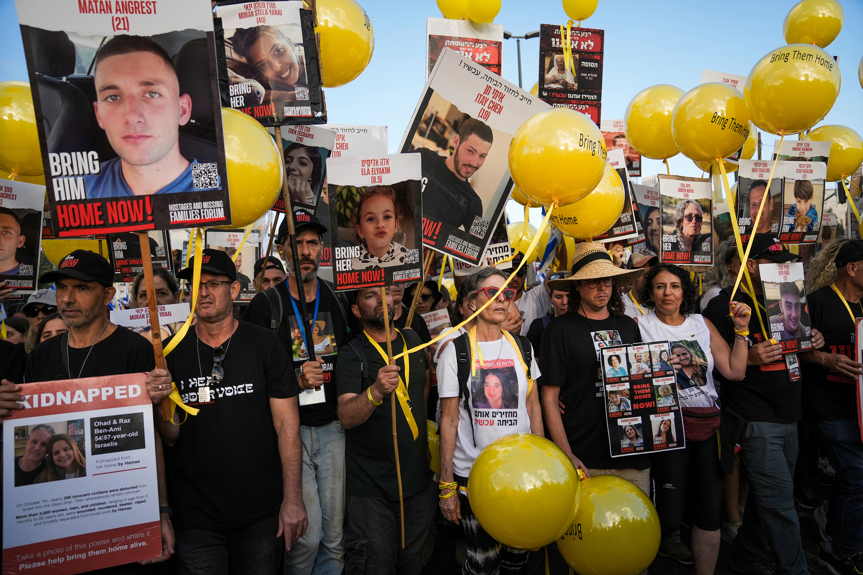 Family and supporters participate in a solidarity march calling for the return of hostages held by Hamas, in Jerusalem, on Saturday, November 18.  