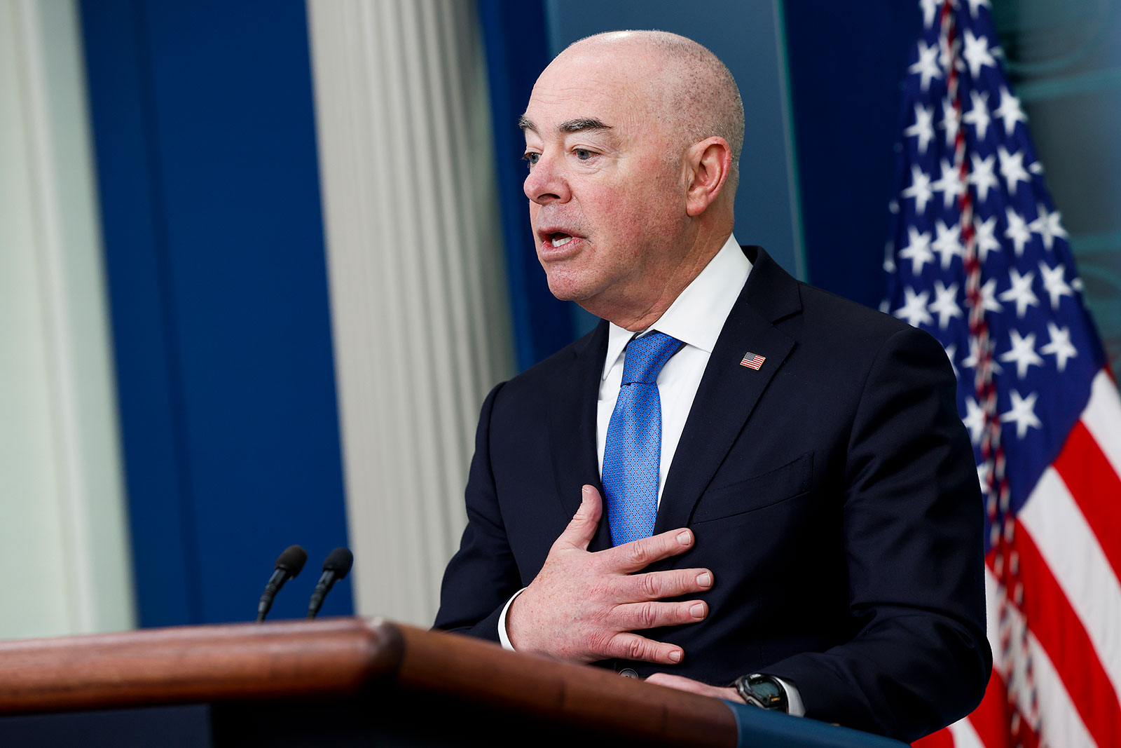 Secretary of Homeland Security Alejandro Mayorkas speaks during the daily news briefing at the White House on Thursday in Washington, DC.
