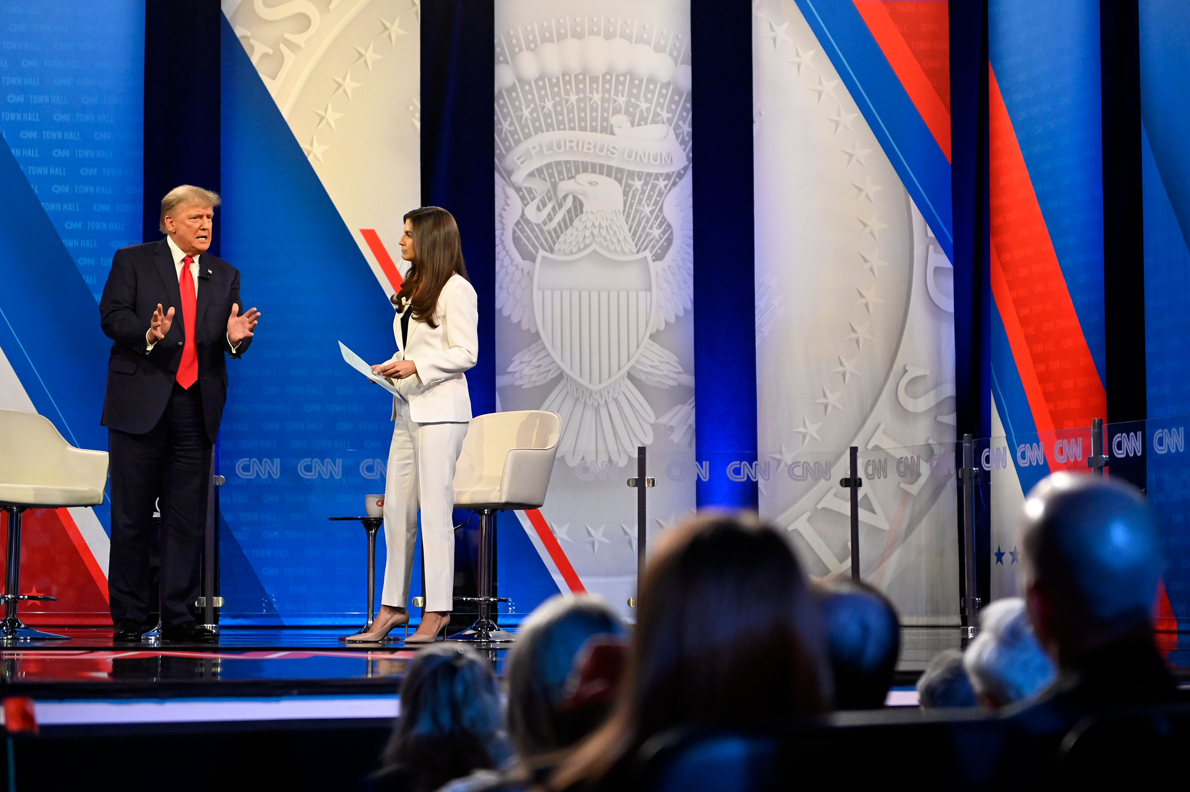 Former President Donald Trump participates in a CNN Republican Town Hall moderated by CNN’s Kaitlan Collins at St. Anselm College in Manchester, New Hampshire, on Wednesday, May 10.
