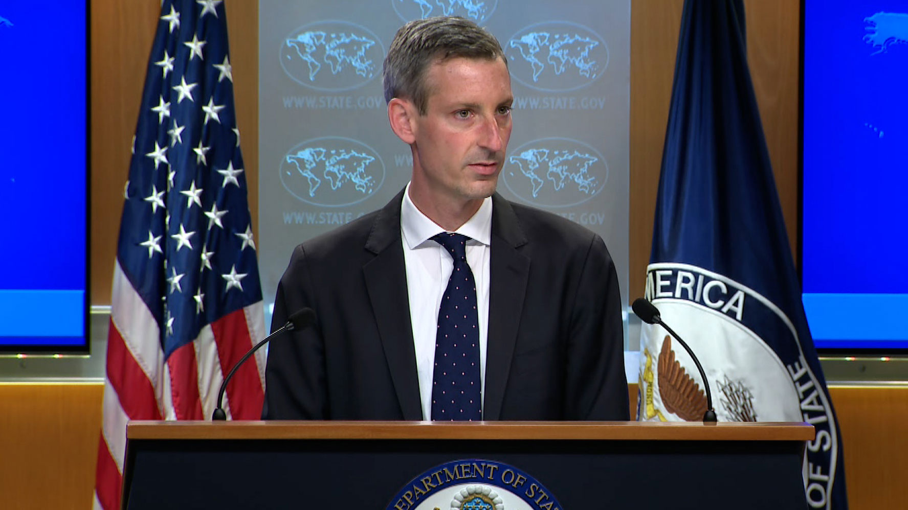 State Department spokesperson Ned Price speaks at a briefing on Monday.