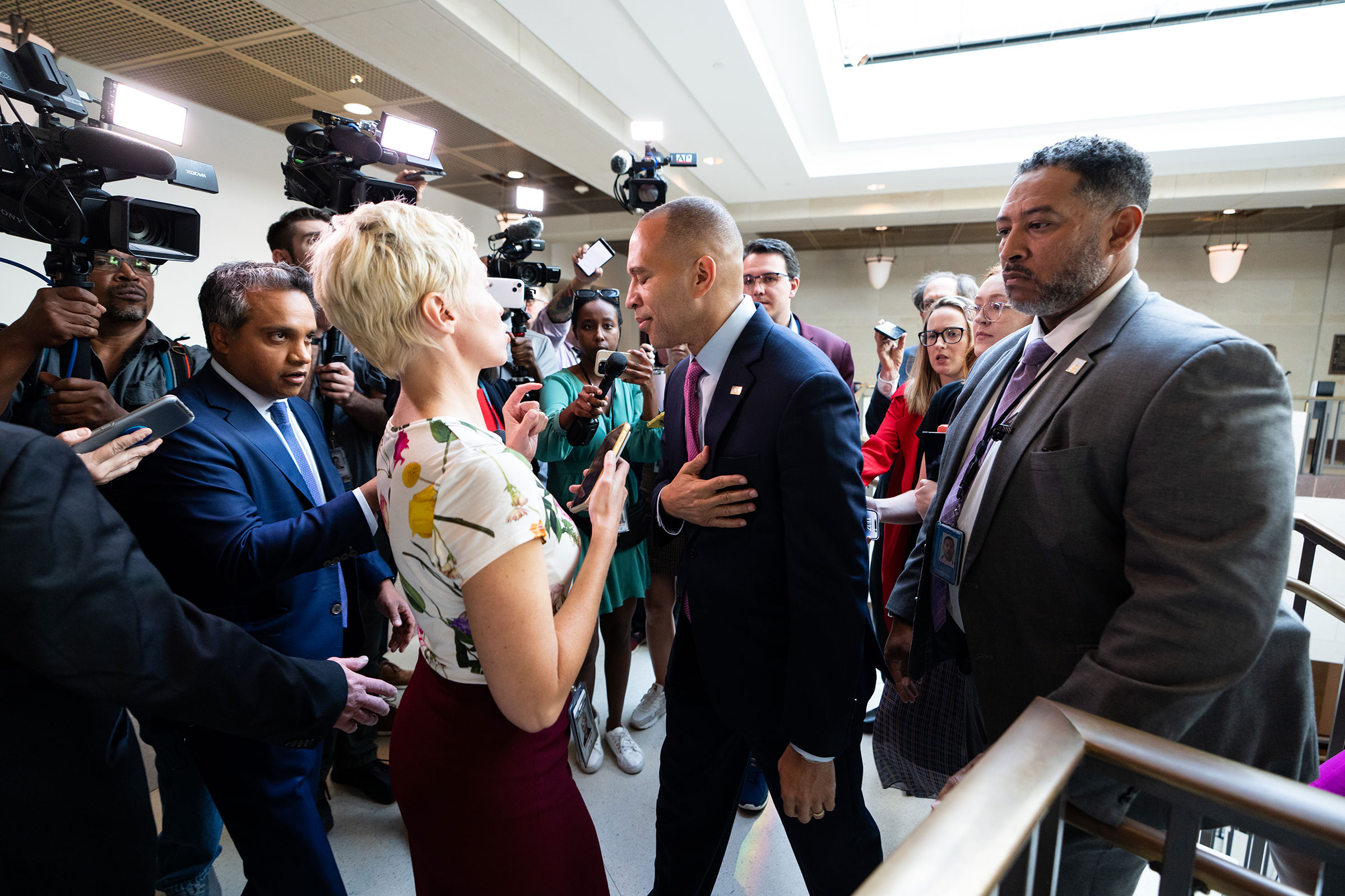 House Minority Leader Hakeem Jeffries leaves the House Democrats' caucus meeting in the Capitol on Tuesday.