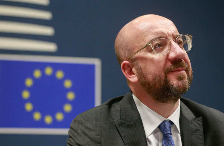 European Council President Charles Michel participates in a videoconference call with EU leaders at the European Council building in Brussels, Tuesday, March 10. 