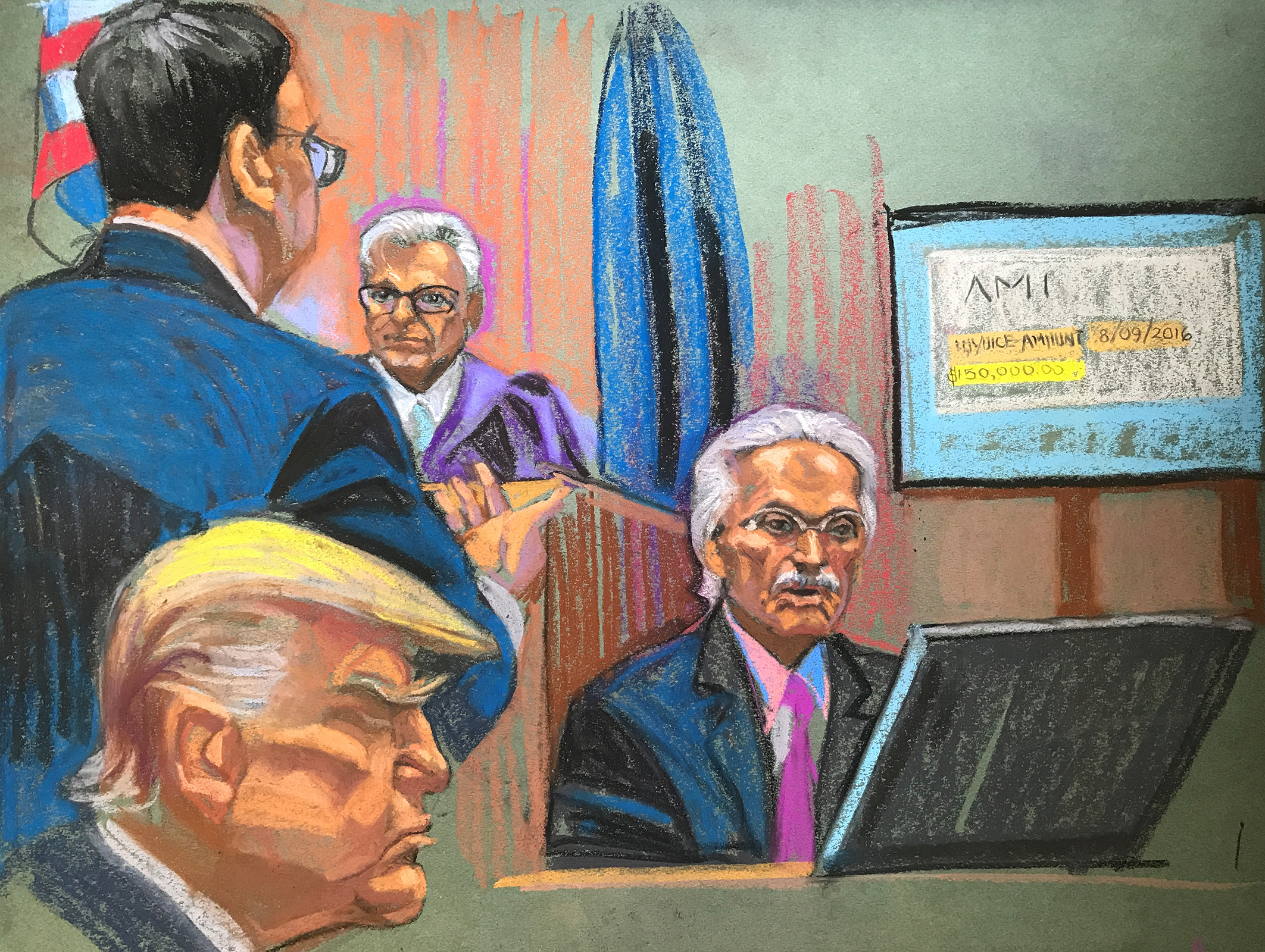 In this court sketch, former President Donald Trump, bottom left, watches as “tabloid king” David Pecker returns to the stand in Manhattan Criminal Court in New York on Thursday. 