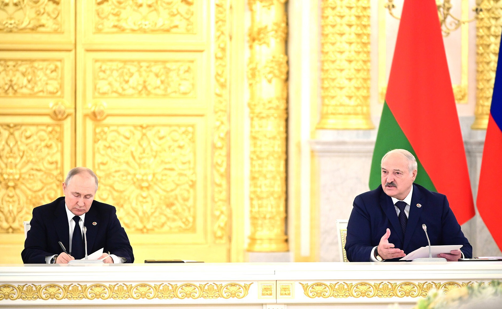 Russian President Vladimir Putin, left, and Belarusian President Alexander Lukashenko, right, attend the Russia-Belarus Union State Supreme Council at Kremlin Palace in Moscow, Russia, on April 6.