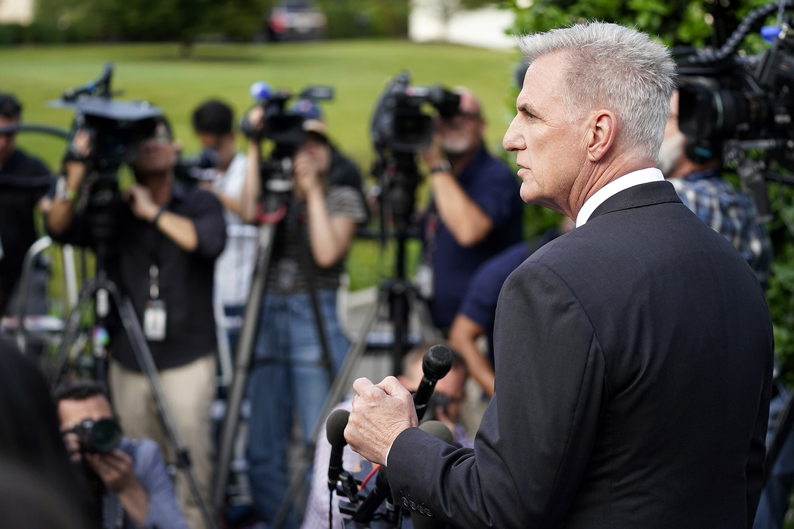 House Speaker Kevin McCarthy of Calif., talks to reporters after meeting with President Joe Biden about the debt ceiling in the Oval Office of the White House on Monday, May 22.
