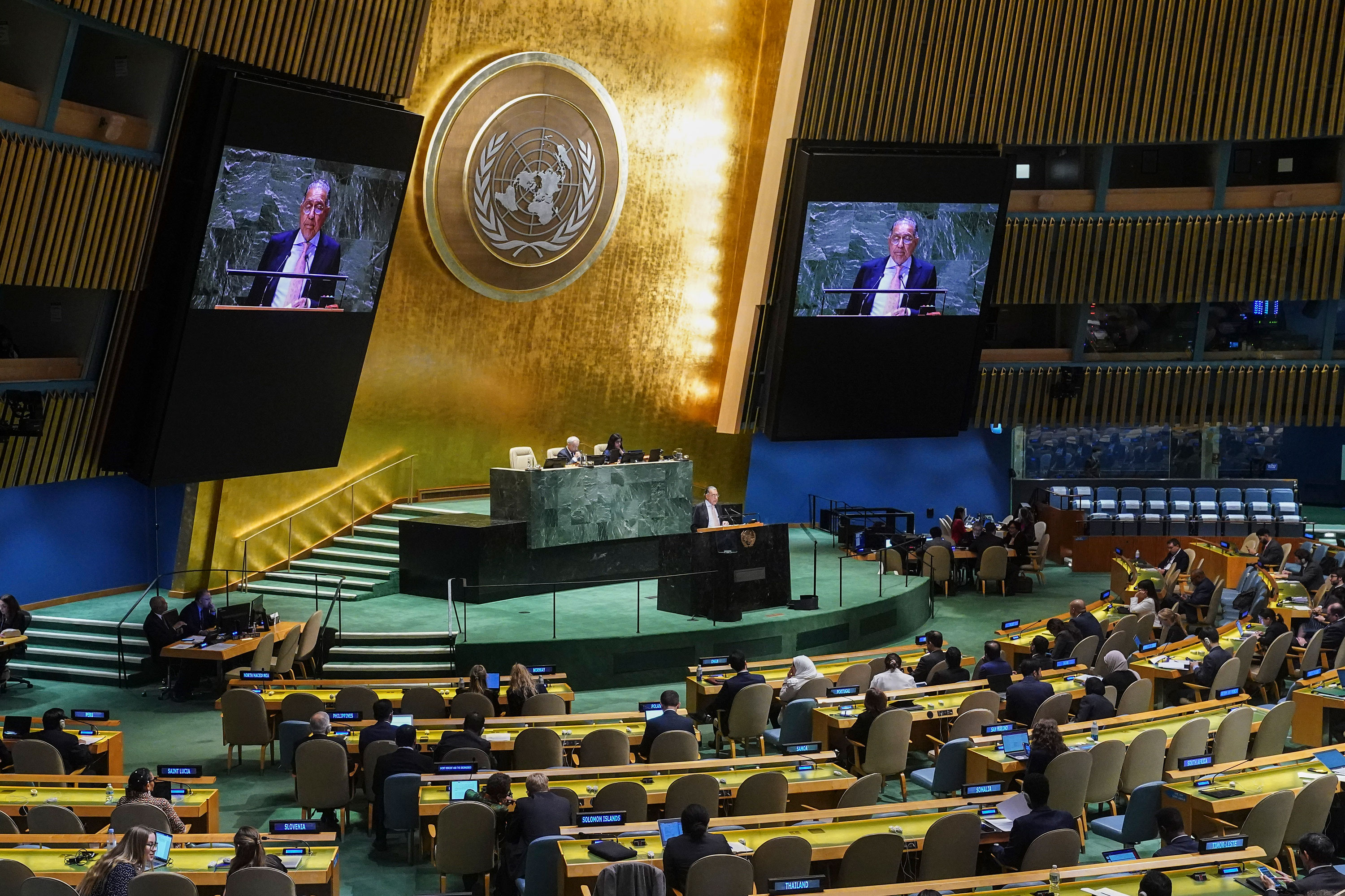 Pakistan's United Nations Ambassador Munir Akram addresses the UN General Assembly in New York on October 27. 
