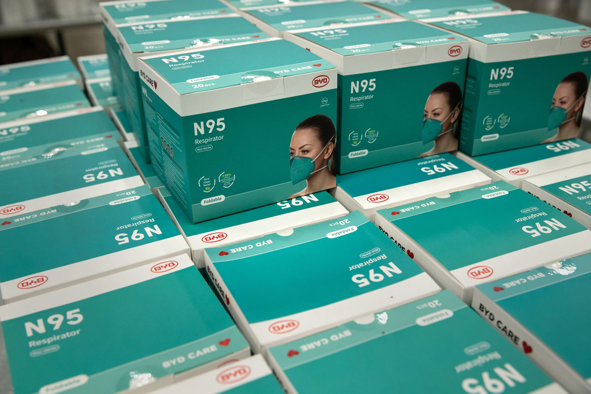 N95 masks sit stored in a medical supply area at the Austin Convention Center on August 7, 2020 in Austin, Texas.